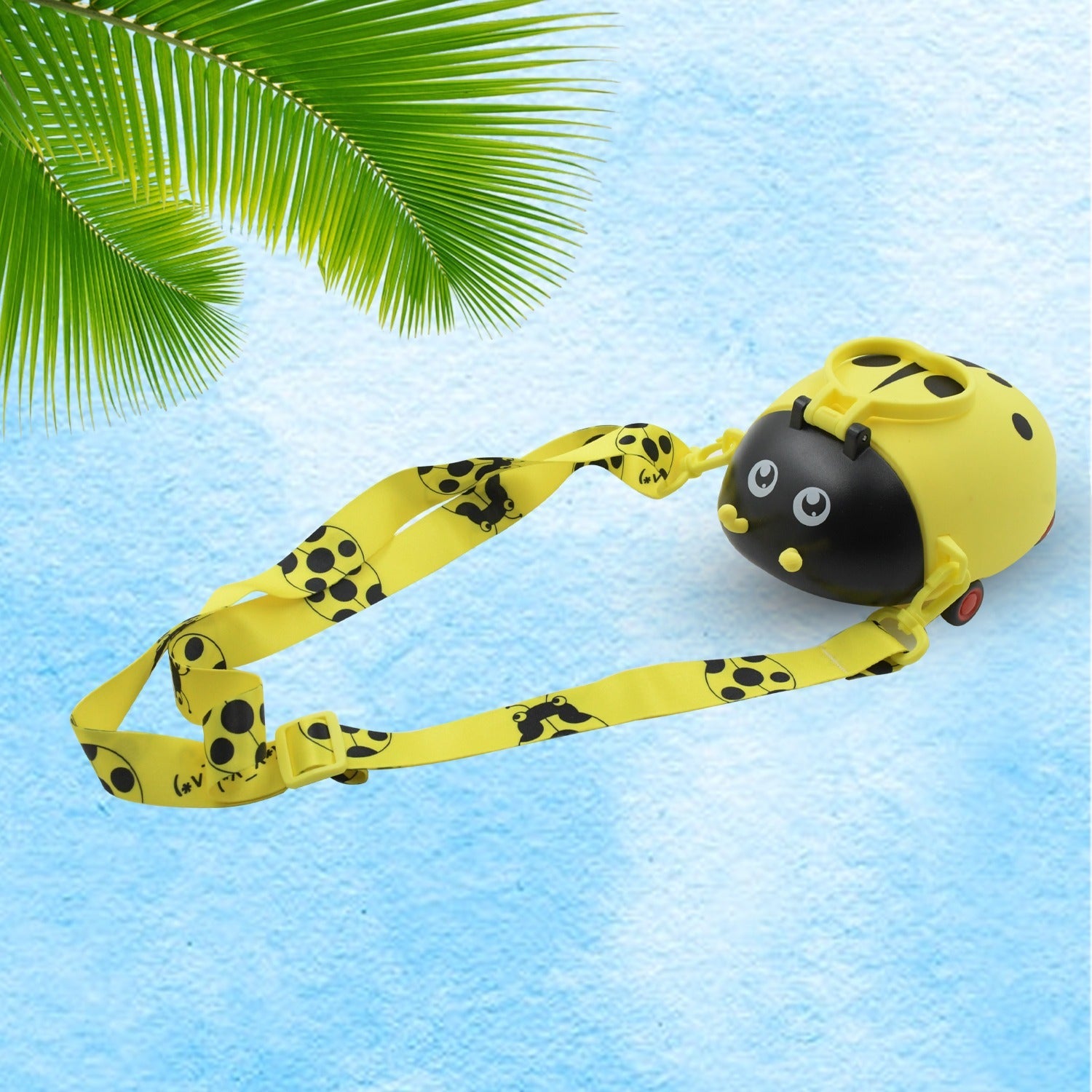 Easy-to-carry portable kids water bottle featuring a bug design and straw.