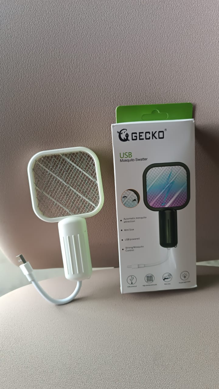 Mosquito swatter racket with electric grid and UV light feature