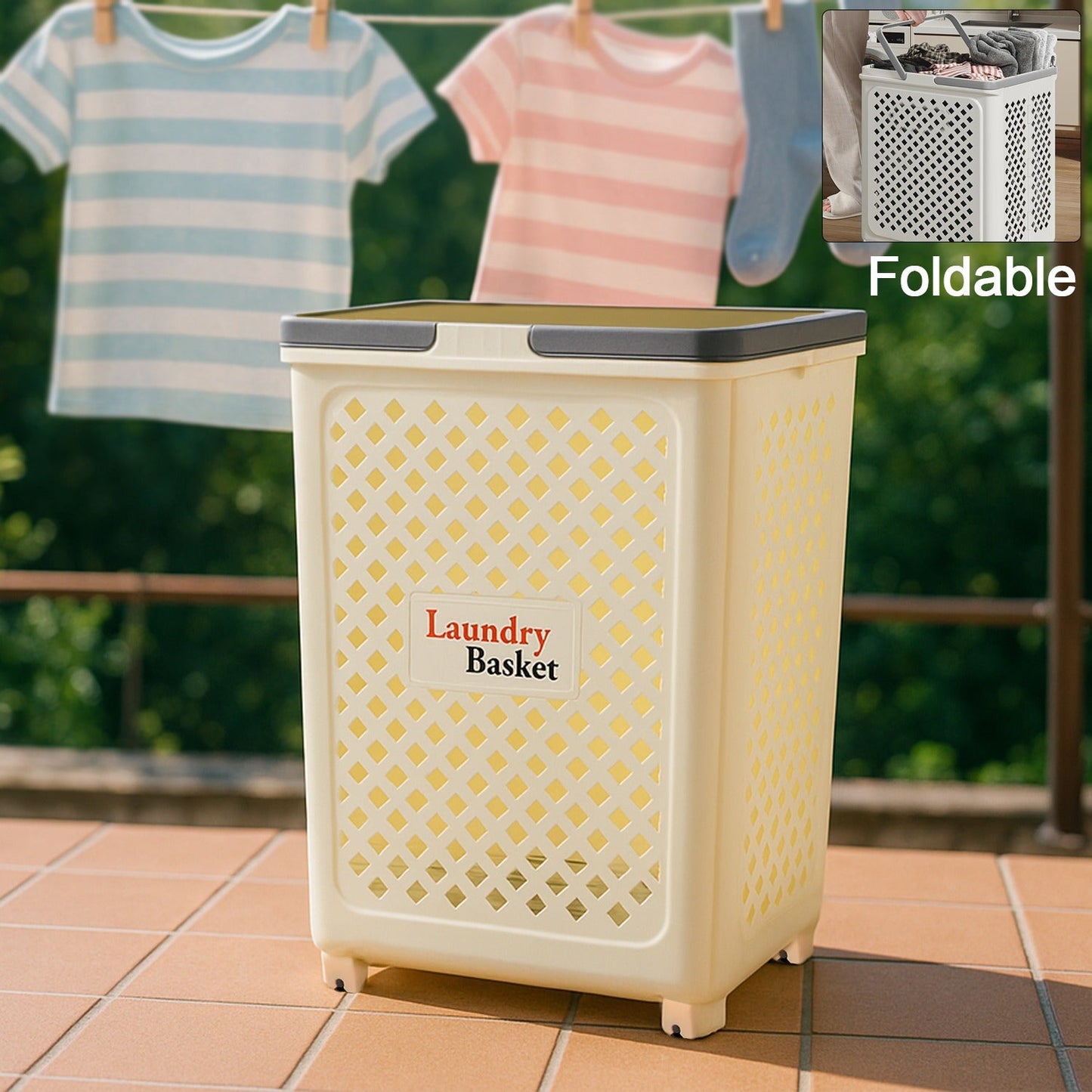 Foldable laundry basket with wheels and ventilation holes