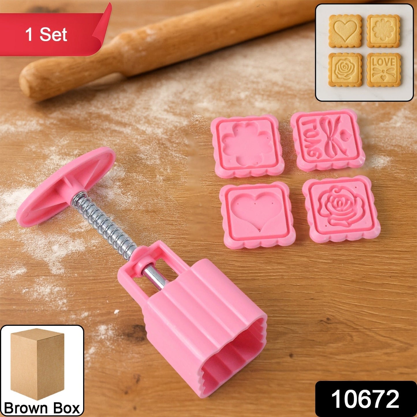 Close-up of biscuit stamp mold set showing 4 interchangeable decorative stamps
