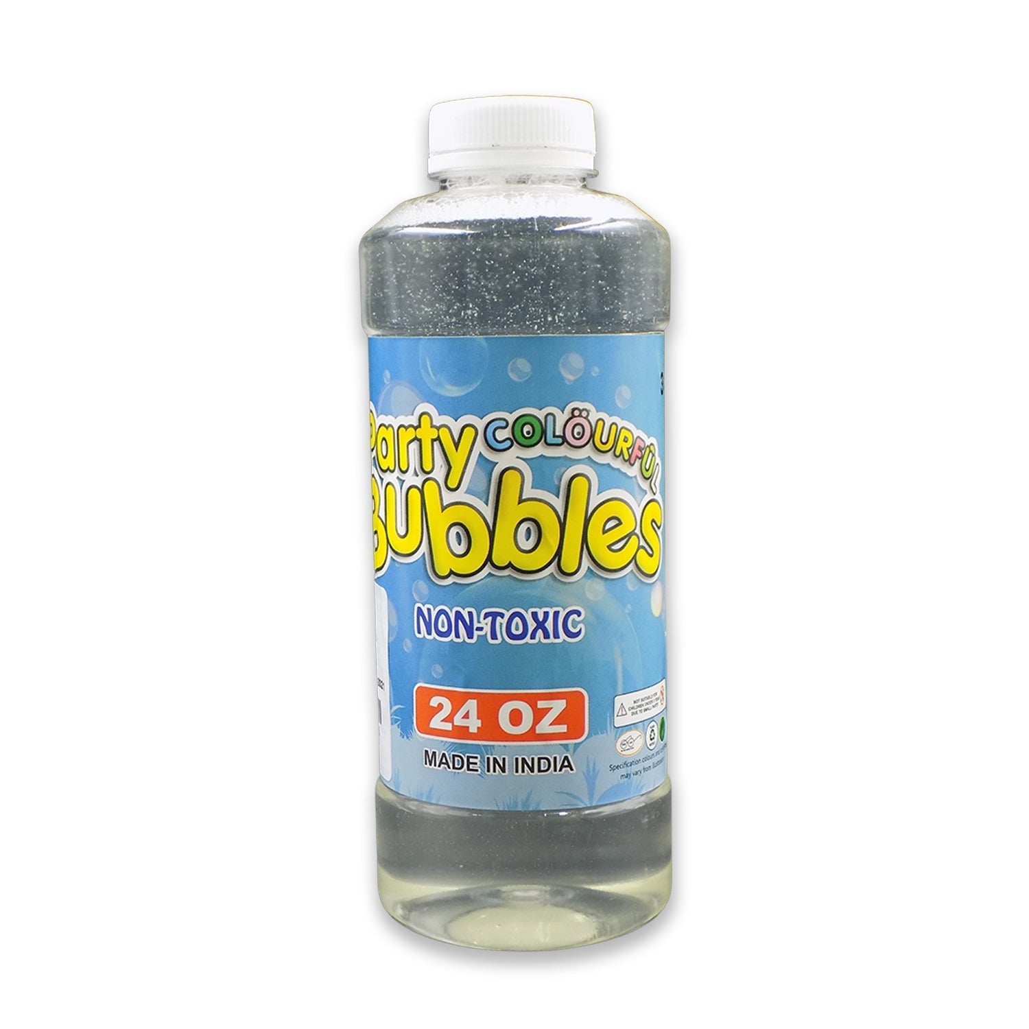 A hand holding the 750ml Bubble Gun Liquid Refill bottle with its blue cap.