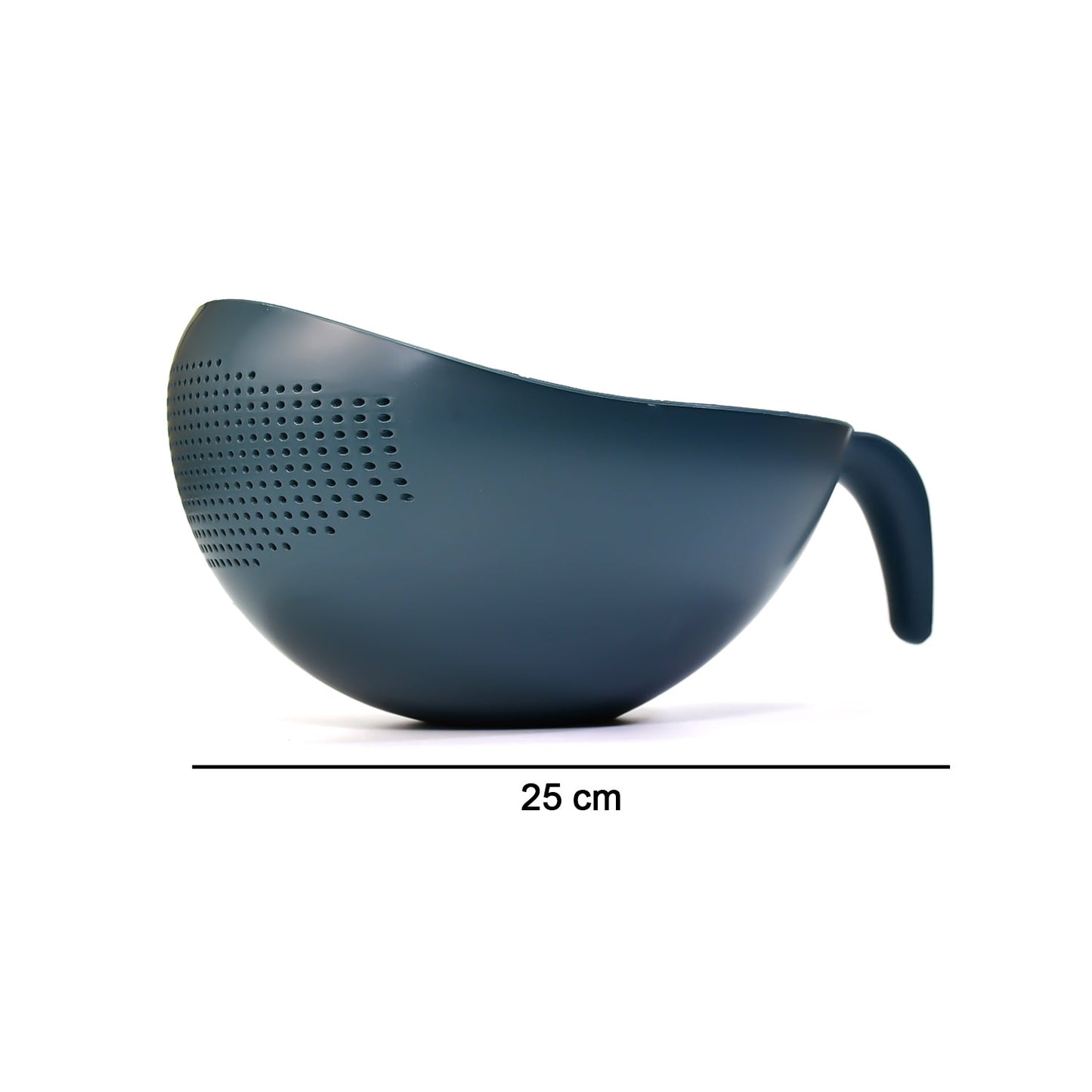 Side view of a thick plastic strainer basket, a versatile kitchen drainer.