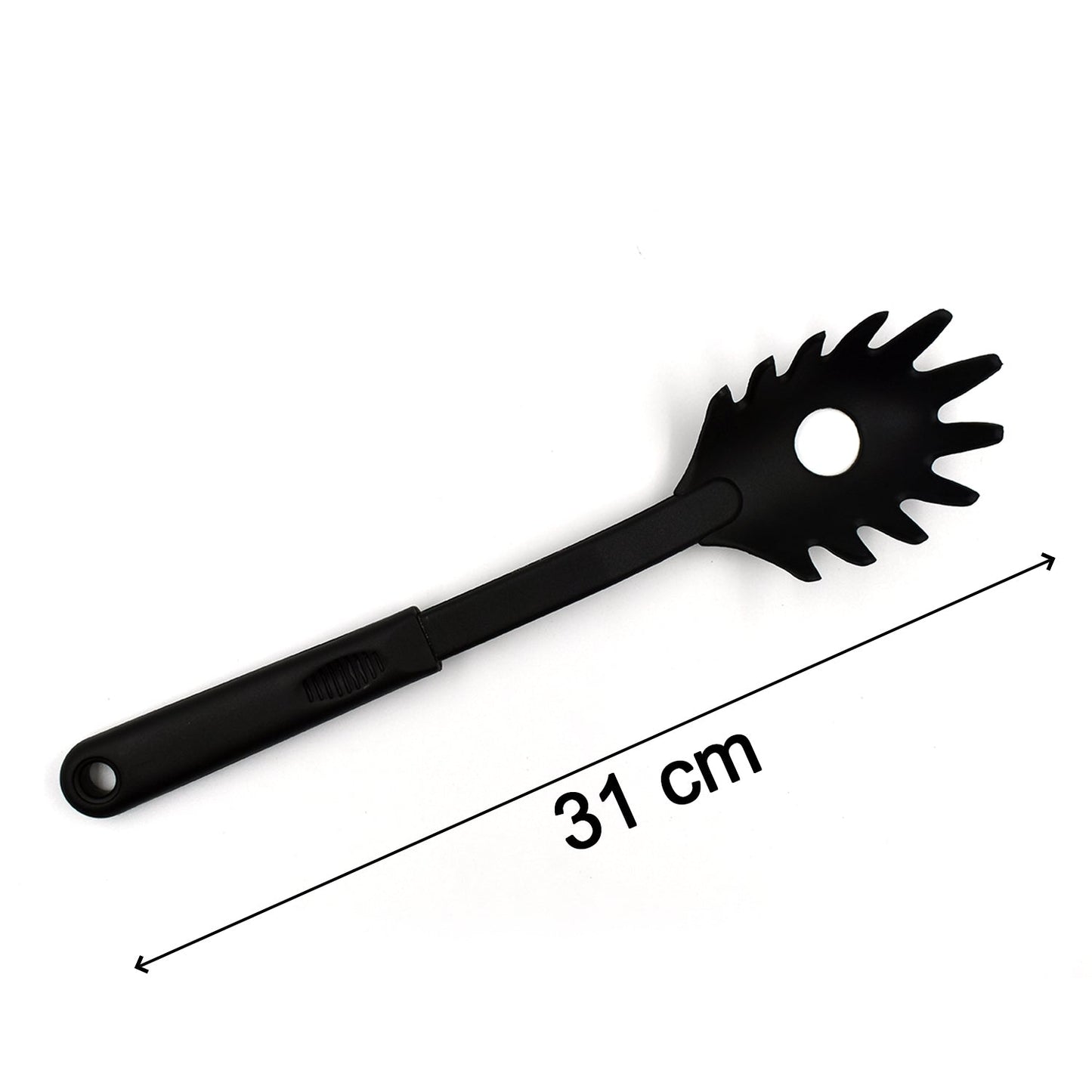 Detailed view of the head of a black heat-resistant pasta server, showing the tapered edge.