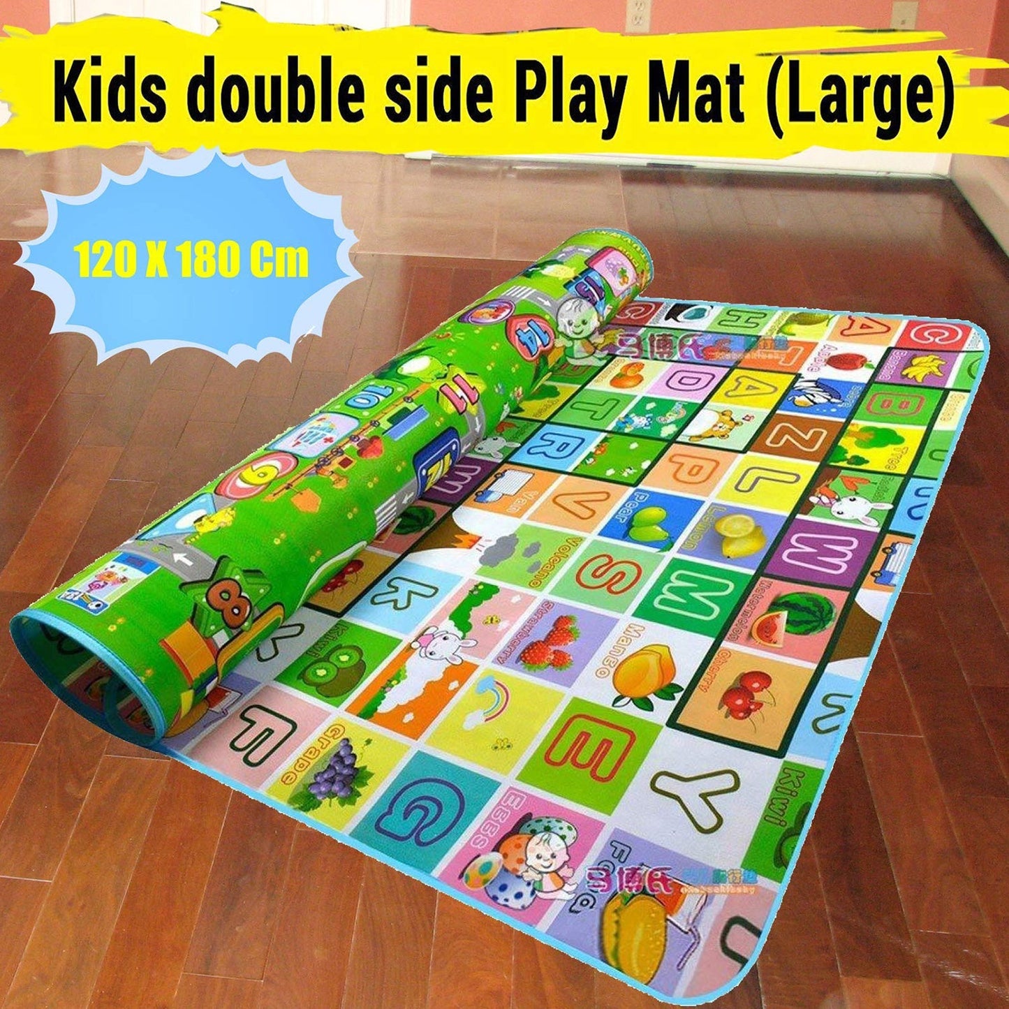 Overhead view of the baby play mat with a child enjoying tummy time on the colourful design.