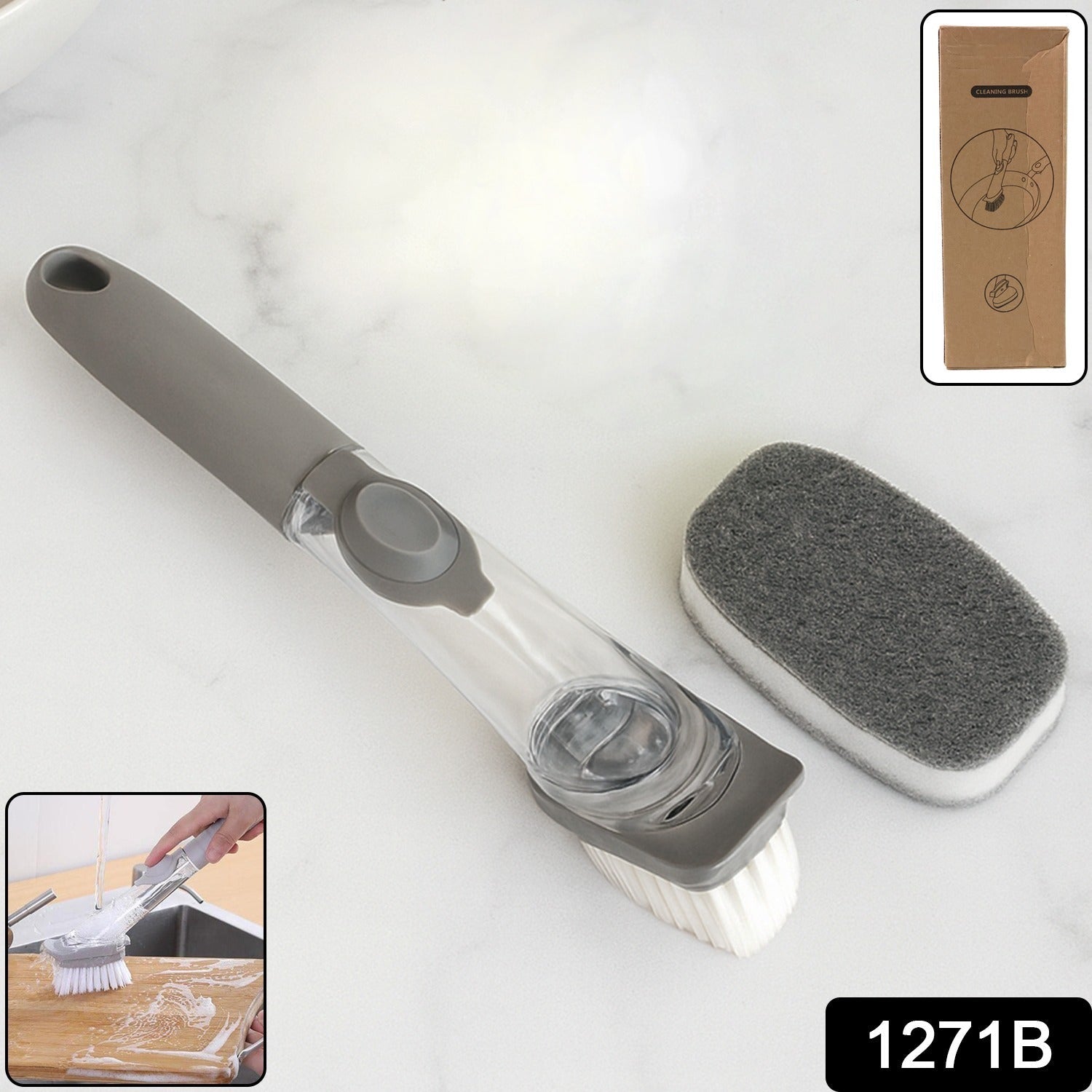 Close-up of the soap-dispensing dish brush featuring the interchangeable scrub sponge head