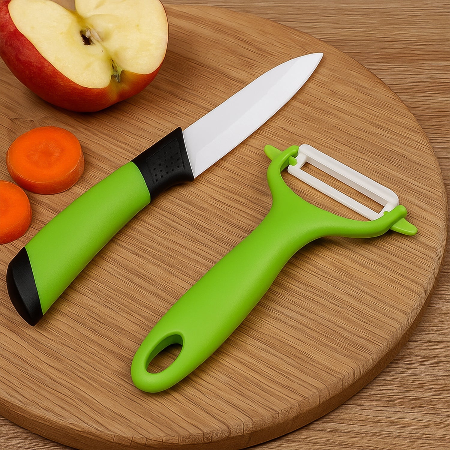 Two-piece Ceramic Knife Set and peeler from Indo Glow, displayed in its packaging.