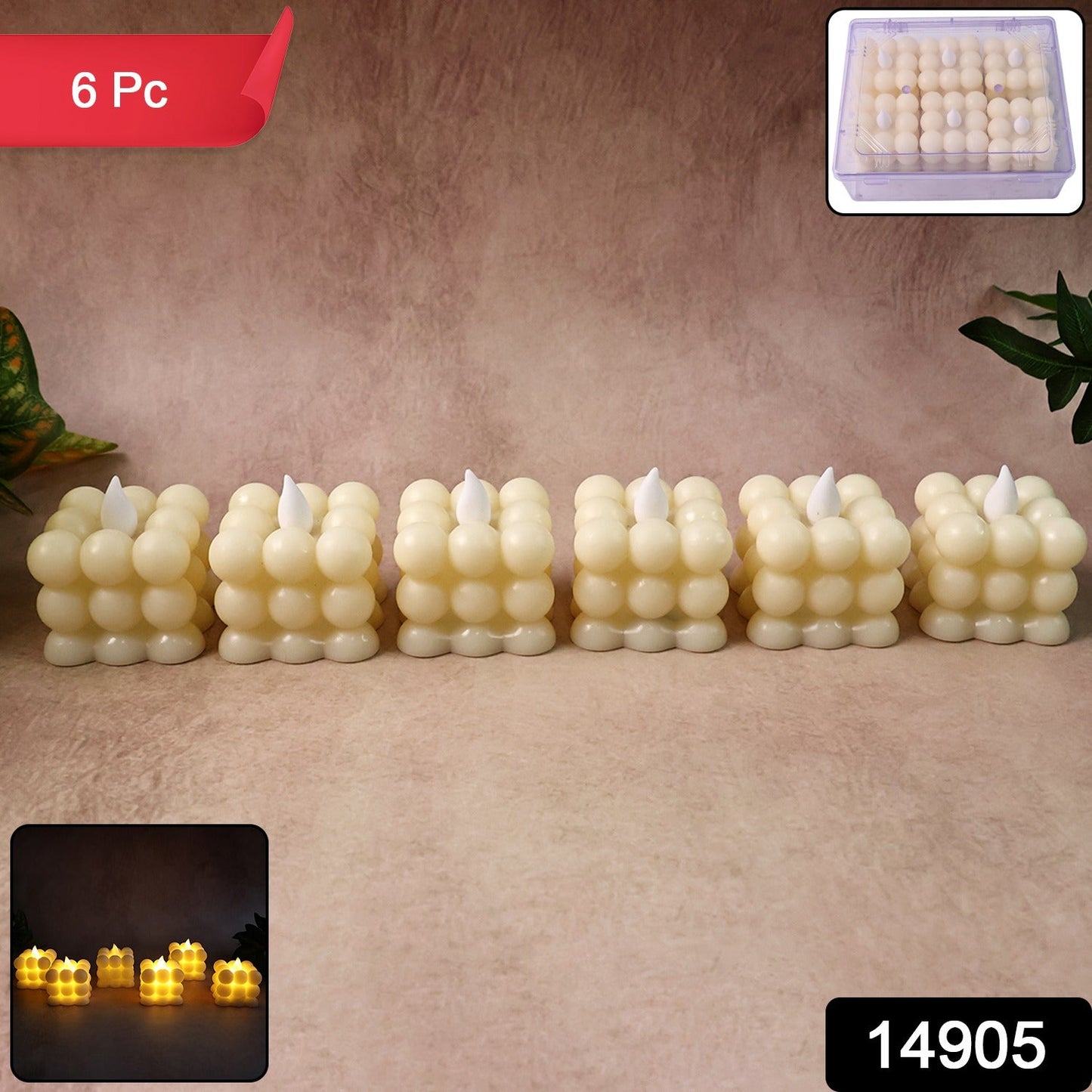 Close-up view of bubble cube shaped LED flameless candles