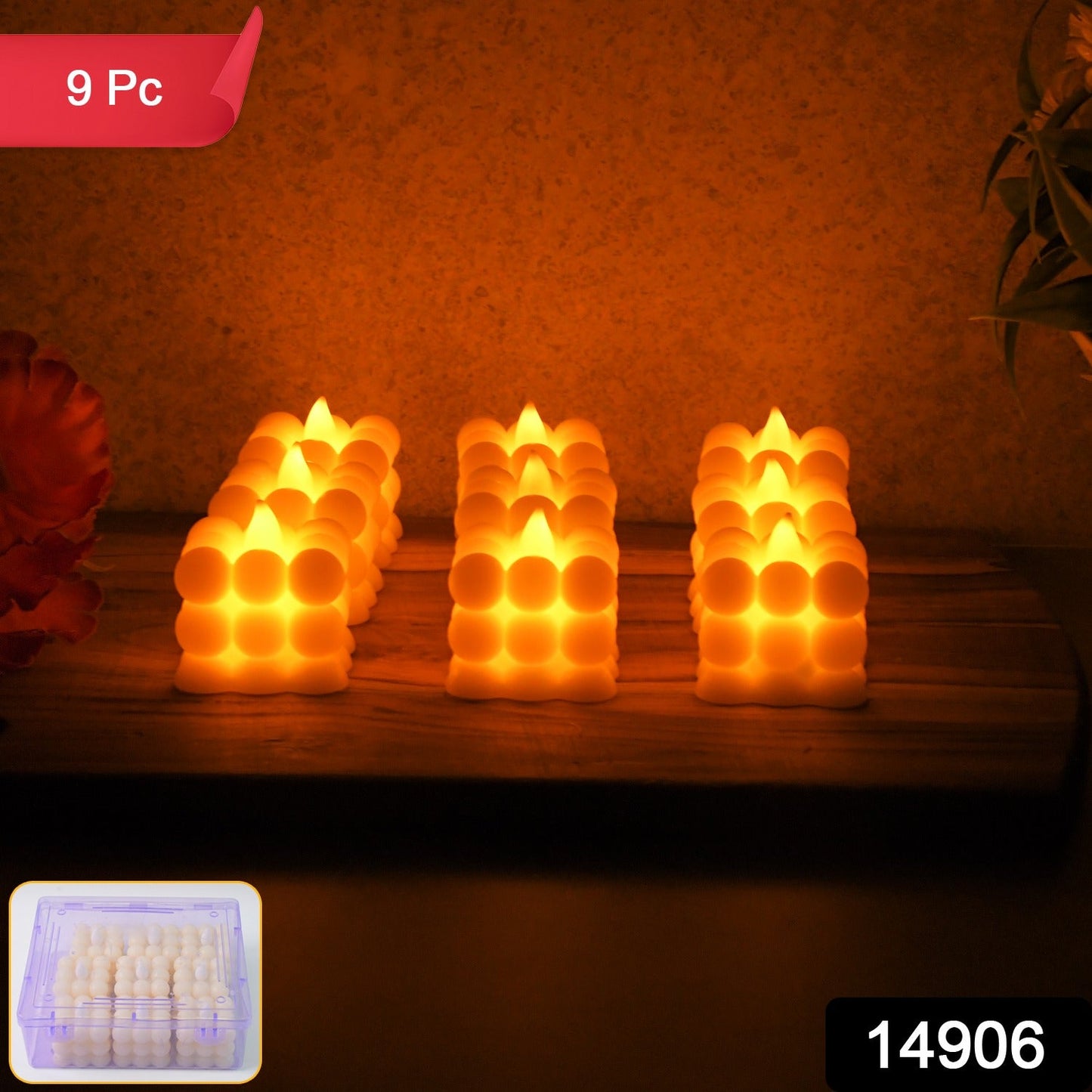LED decorative bubble candles arranged in a transparent storage box