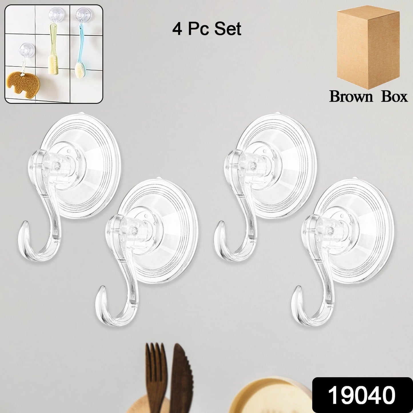 Set of four transparent plastic suction cup hooks for walls or glass