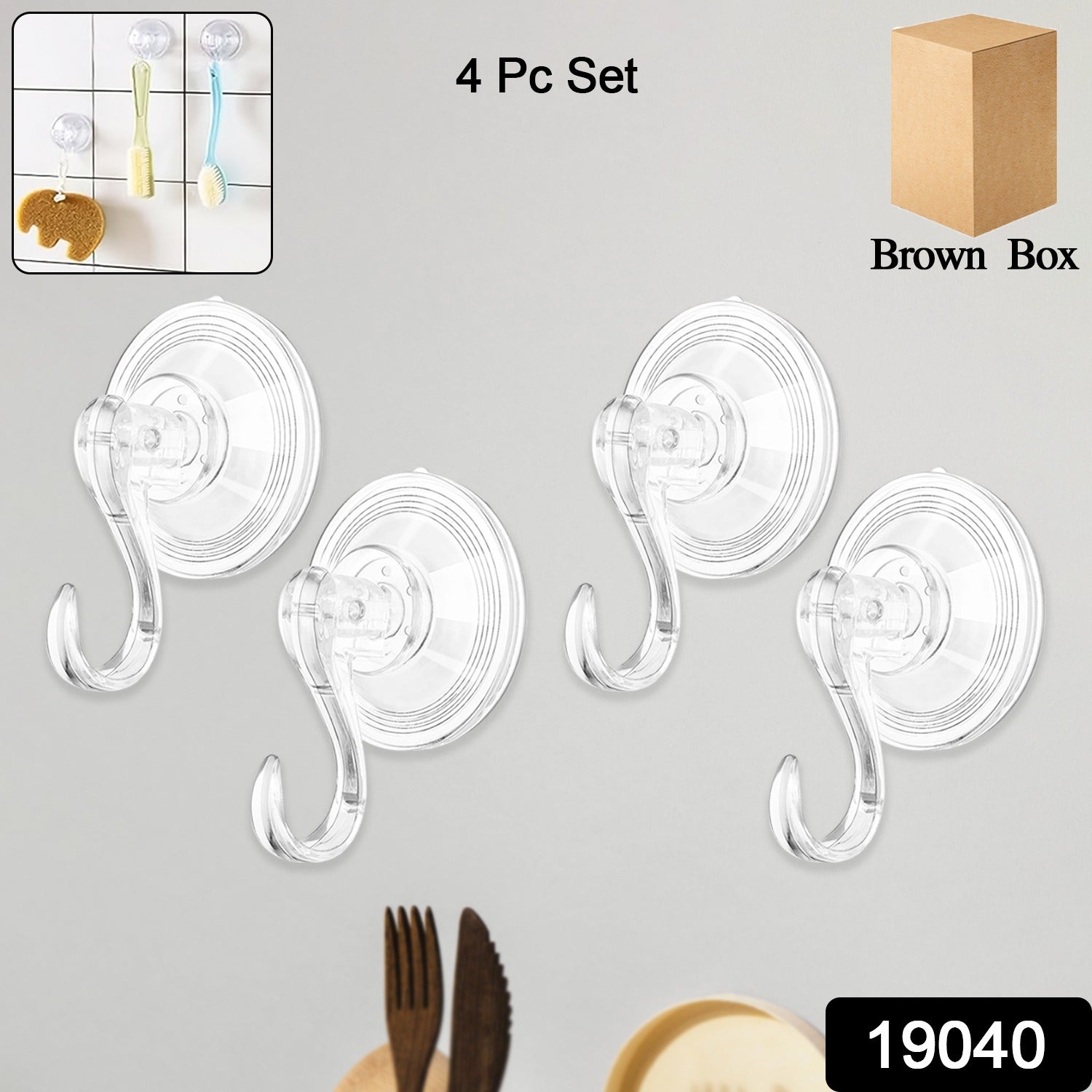 Set of four transparent plastic suction cup hooks for walls or glass