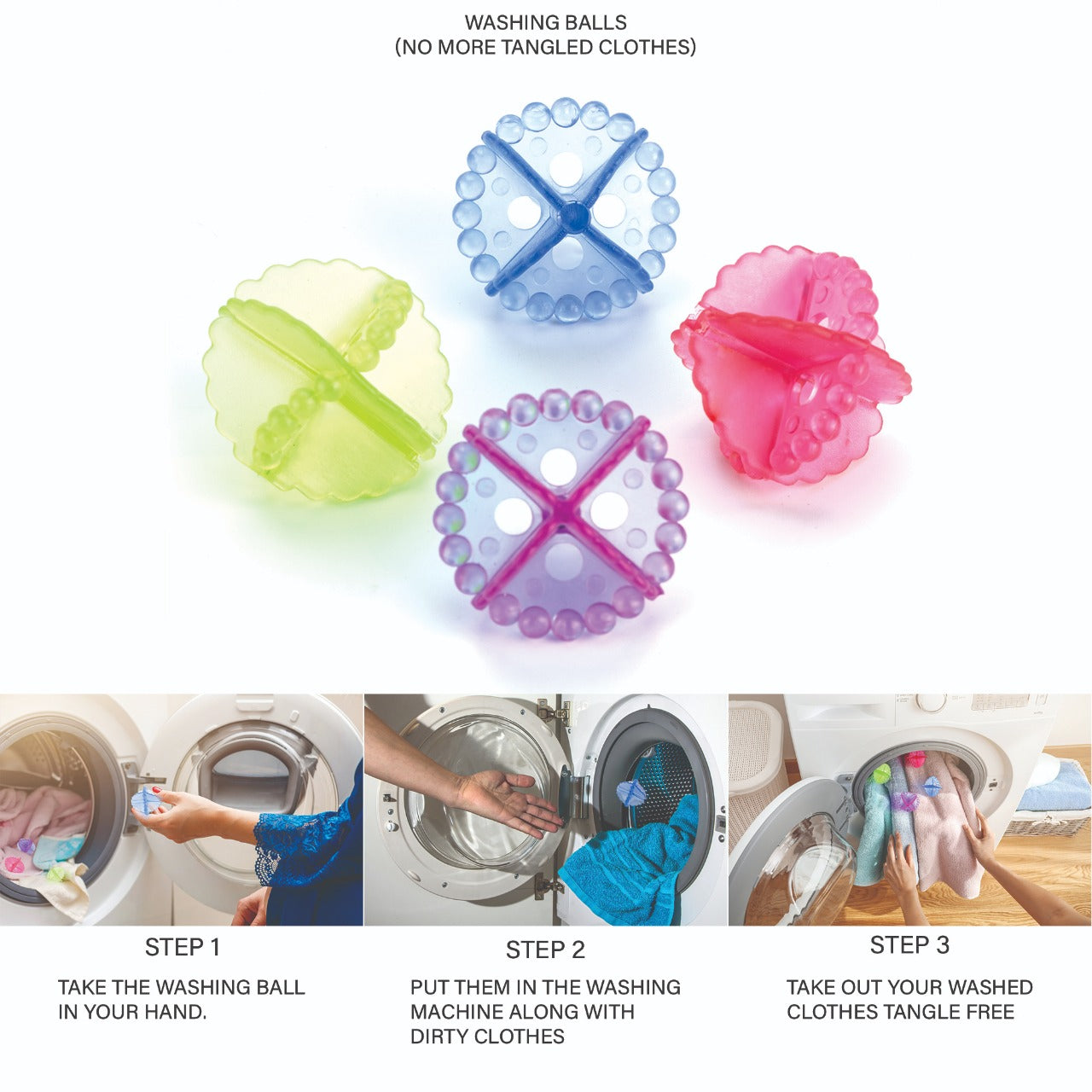 Detergent-free washing balls in a pack of 4, ready for use in any machine.