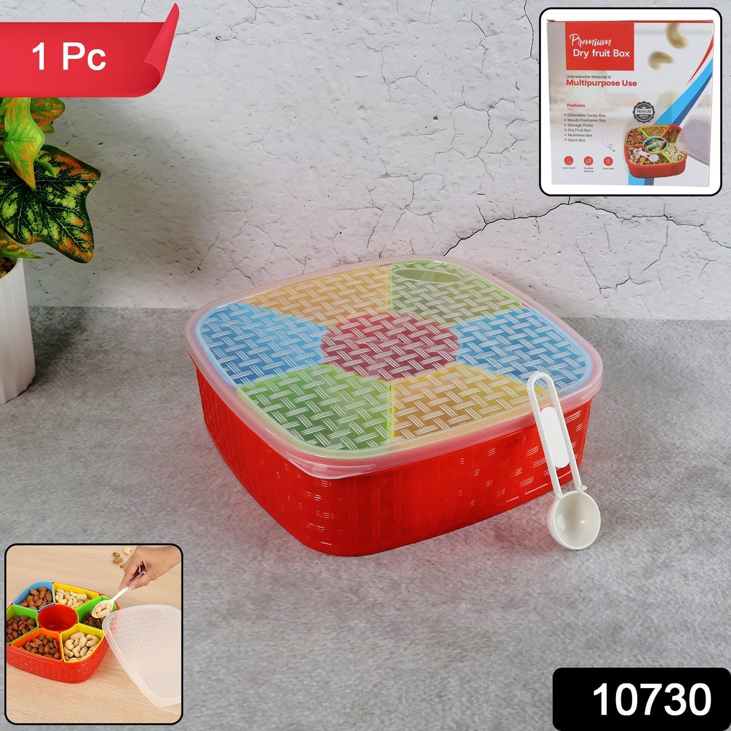Top view showing dry fruit snack box compartments filled with assorted snacks