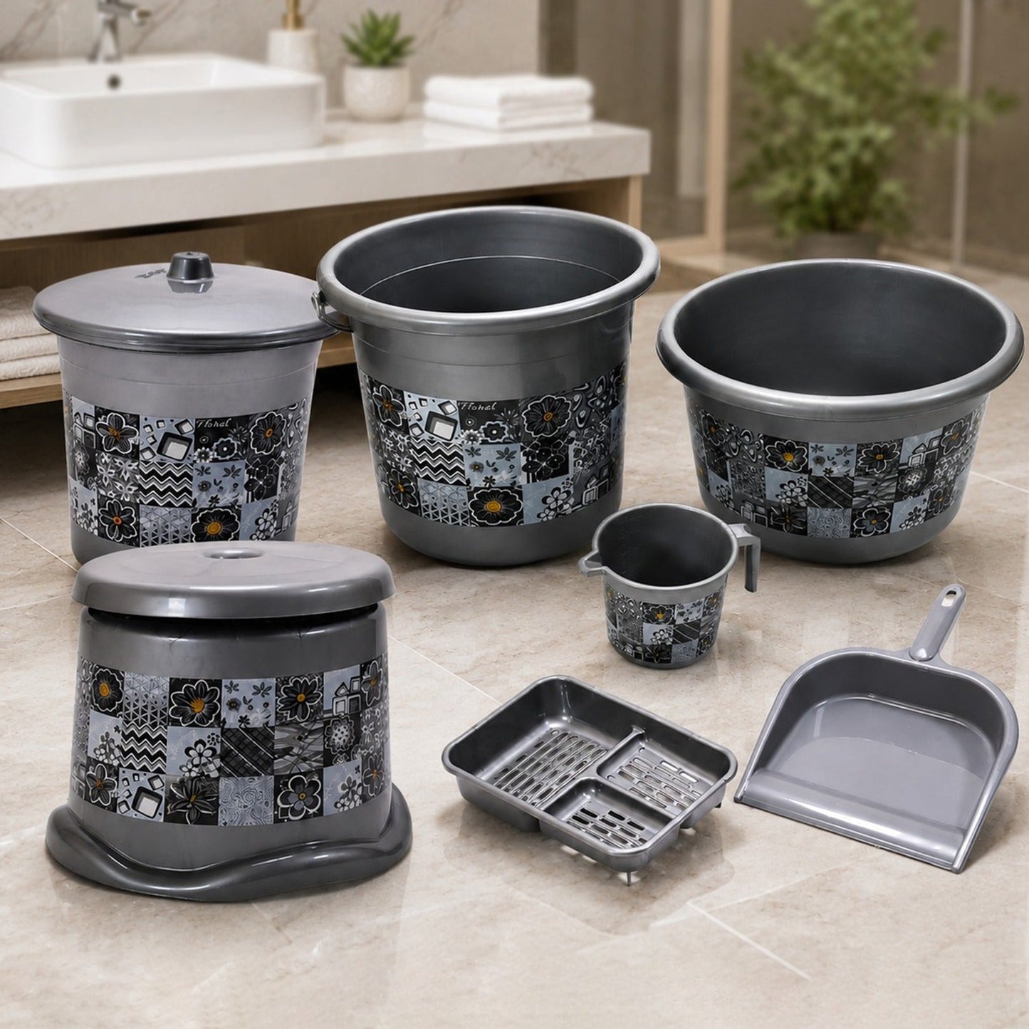 Complete 7-piece plastic bathroom set in coffee brown, featuring tub, bucket, and essential accessories.