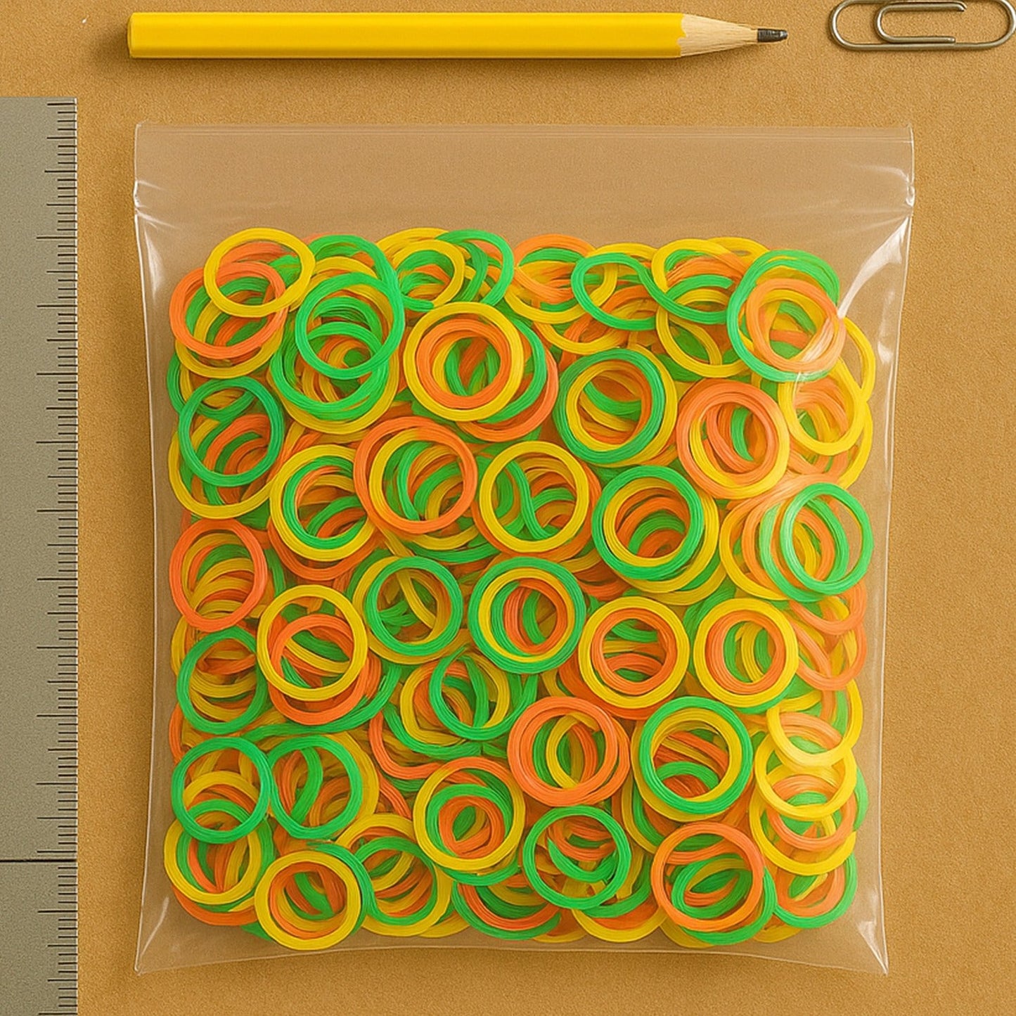 Assorted elastic rubber bands, ideal for organizing kitchen and school supplies.