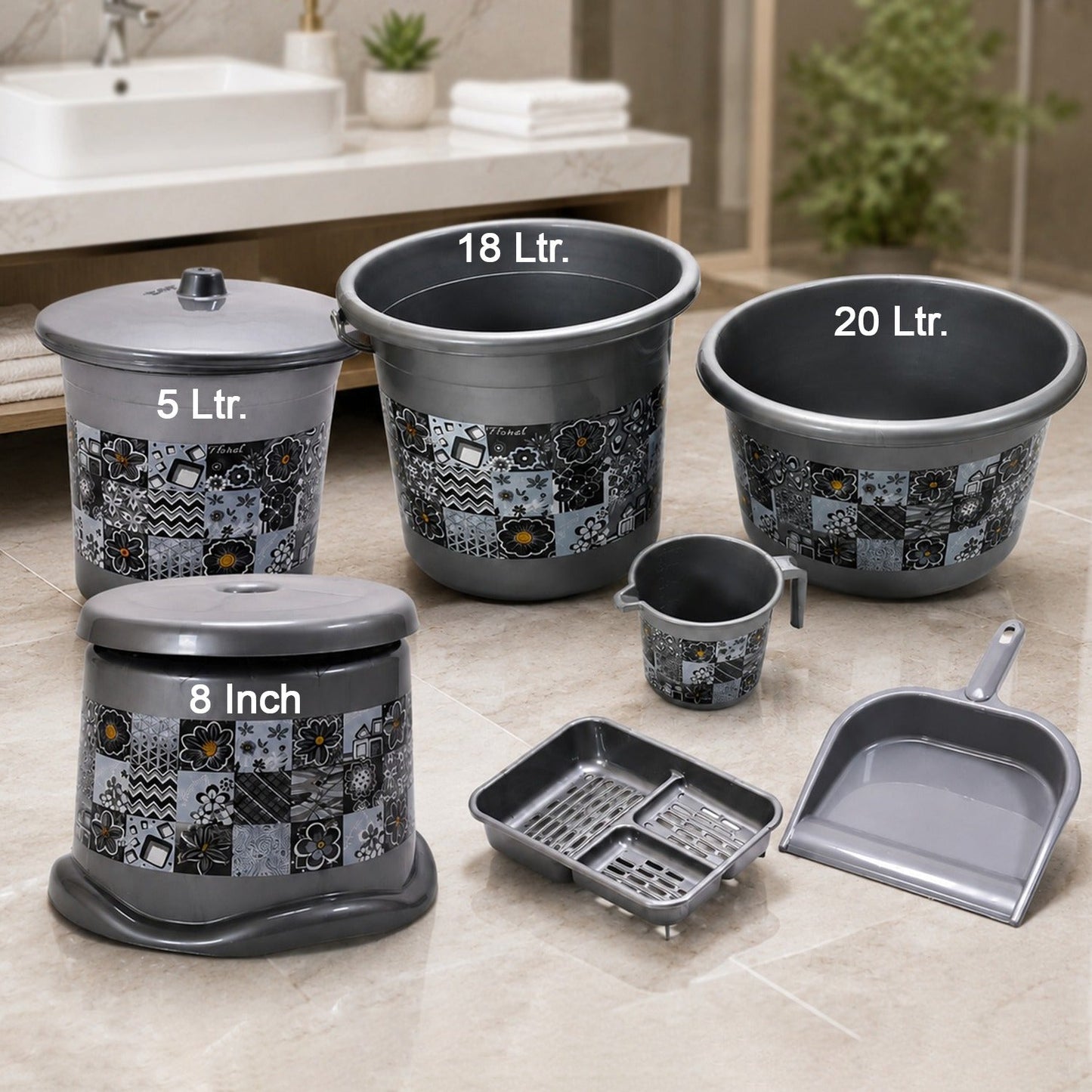 Front view of the coffee brown 7-piece plastic bathroom set, ready for use in an Indian home.