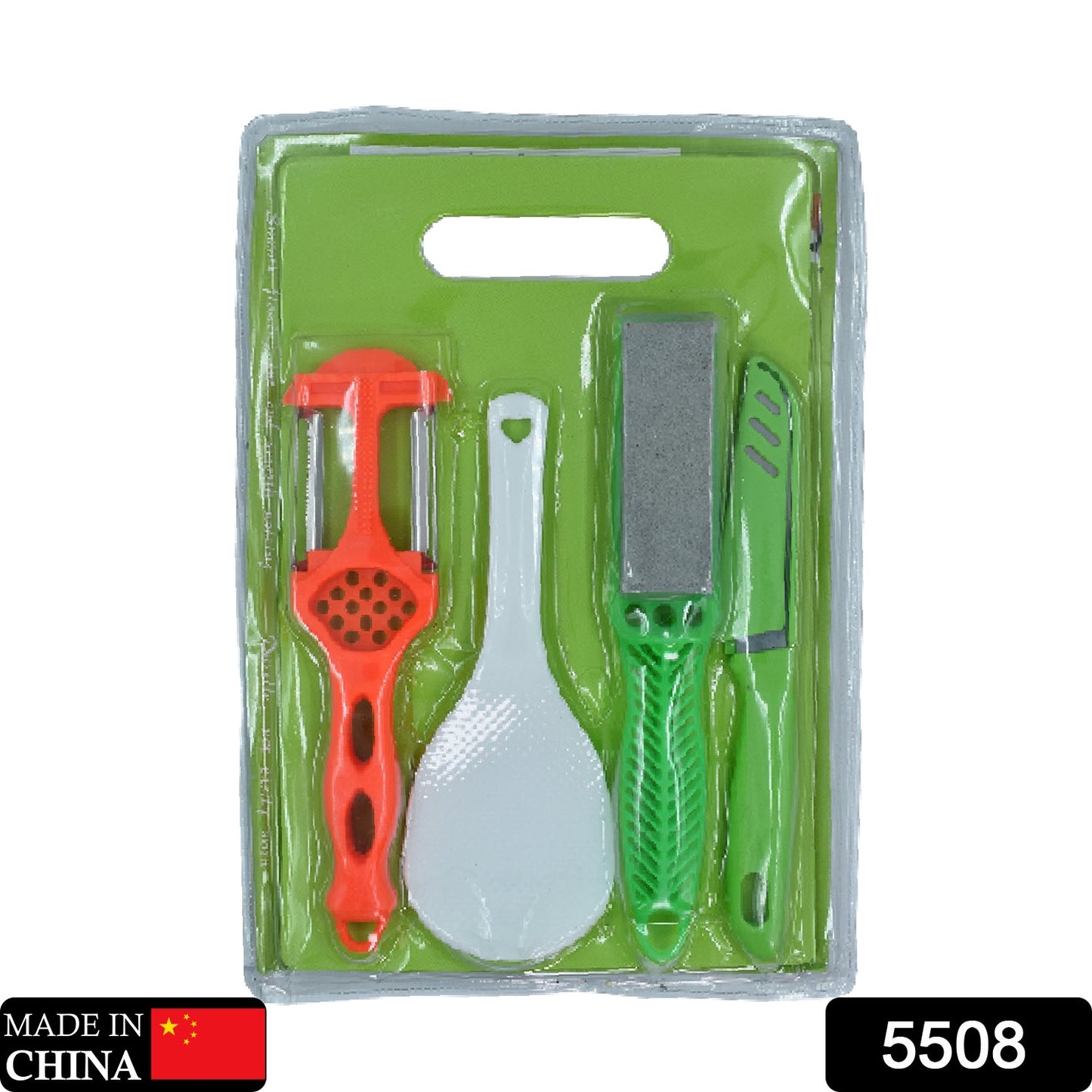 Complete kitchen tool set featuring a plastic cutting board and stainless steel knives.