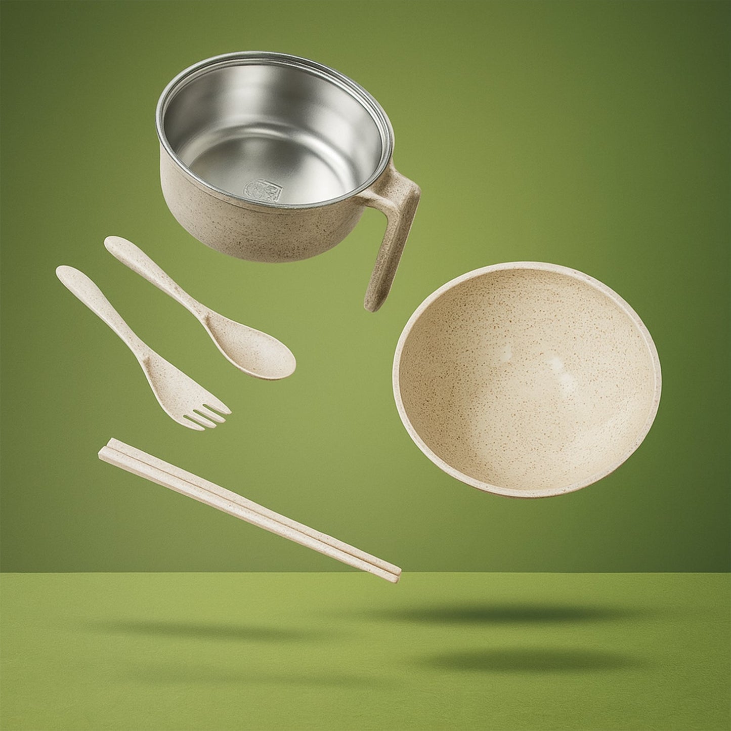 Front view of the eco-friendly Wheat Straw Rice Bowl Set, showing the bowl, lid, and utensils.