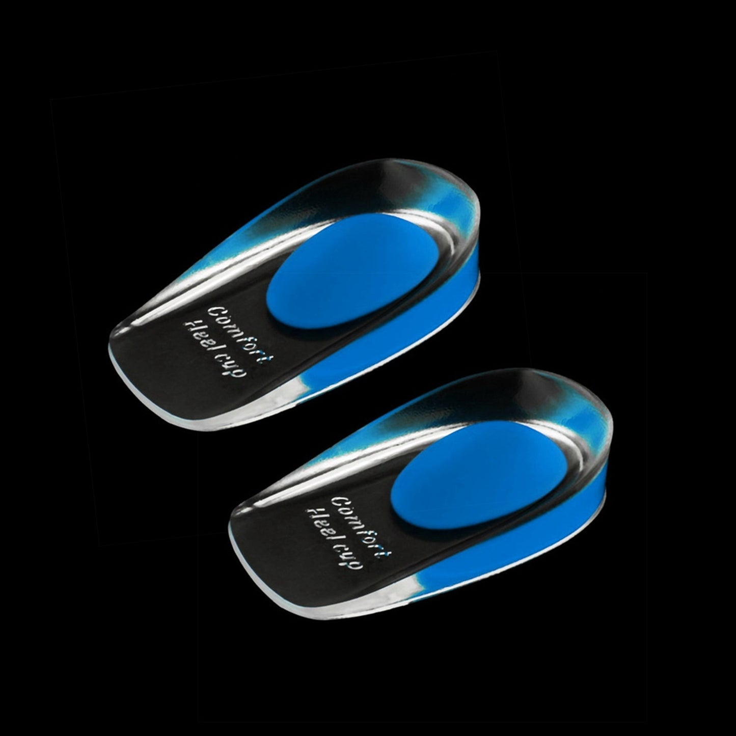 Gel heel cups providing cushioning and support for foot pain relief.