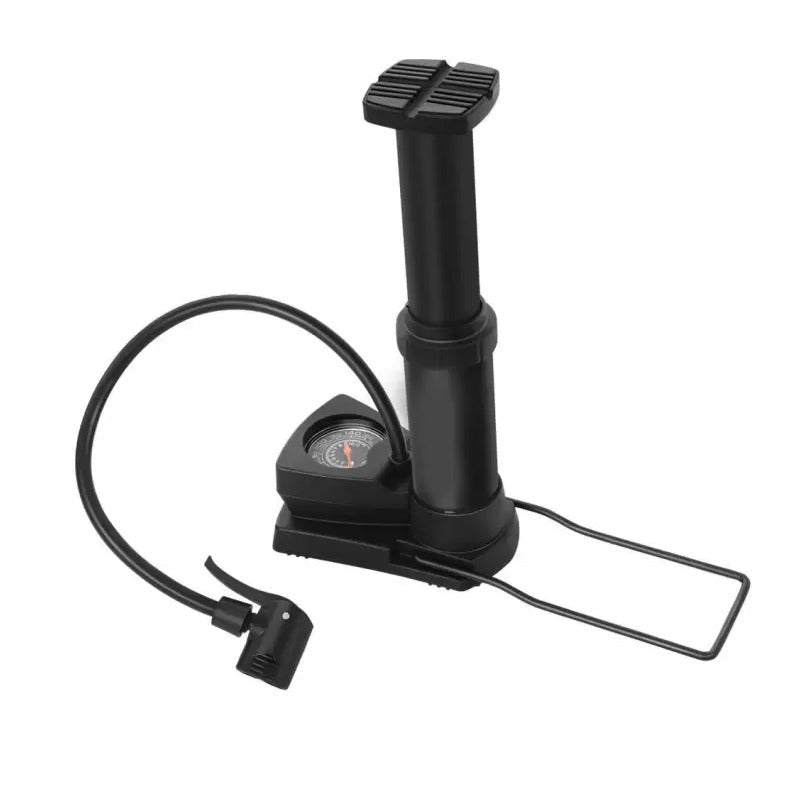 Versatile foot pump suitable for inflating both bicycle and car tires.