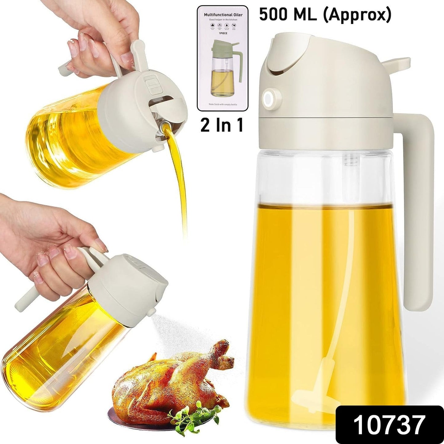 Transparent oil dispenser bottle with ergonomic handle