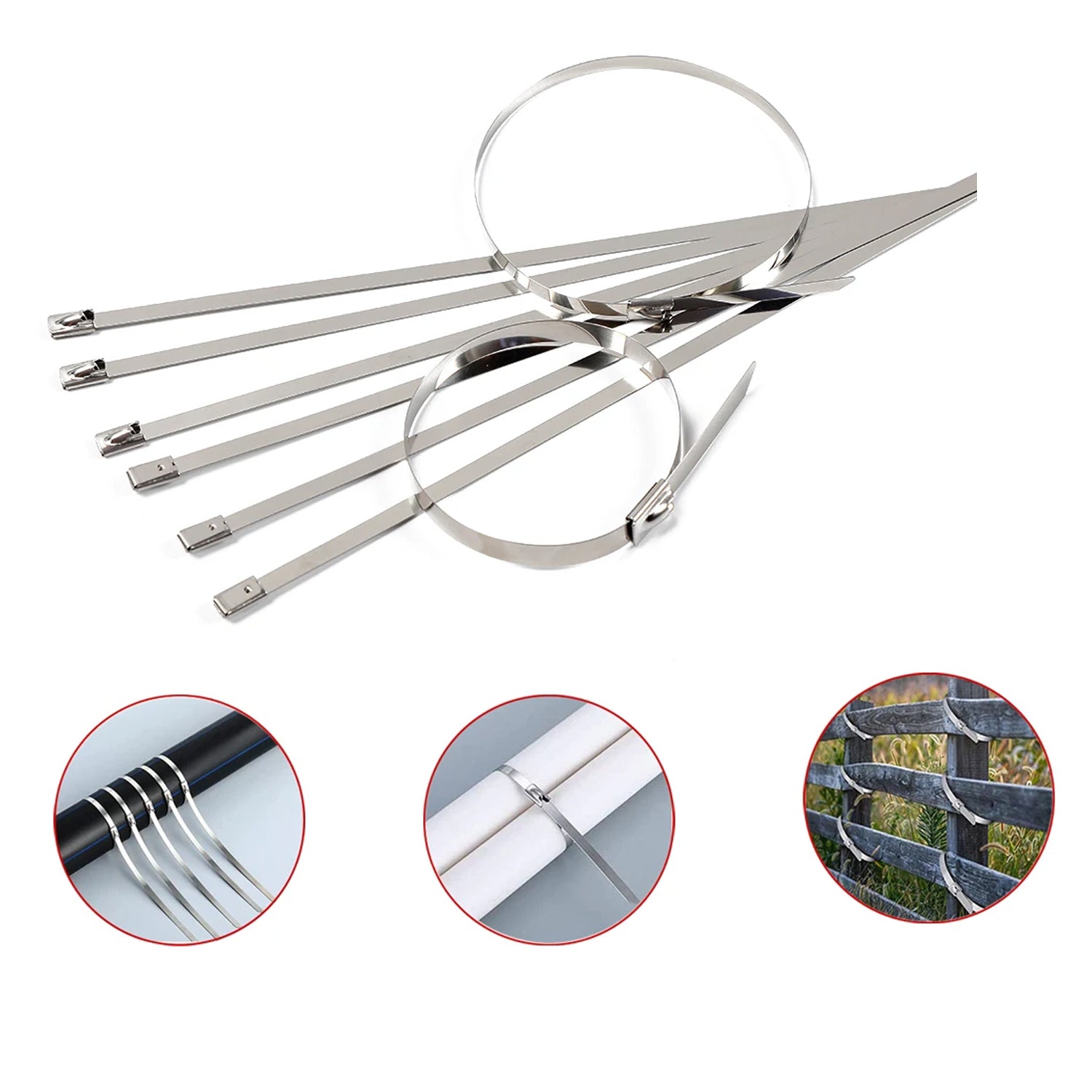 A stack of rustproof stainless steel zip ties, emphasizing their heavy-duty construction.