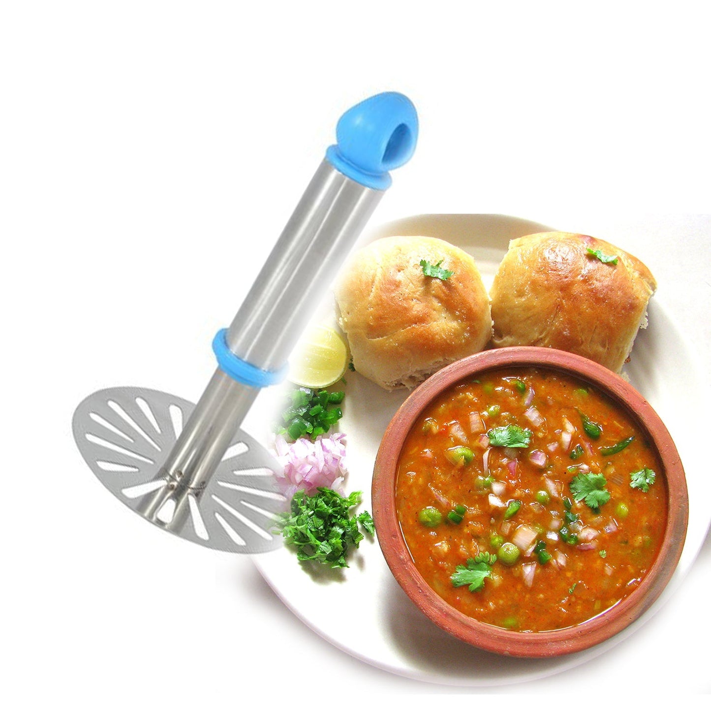 Stainless steel potato masher with ergonomic handle, ideal for pav bhaji.