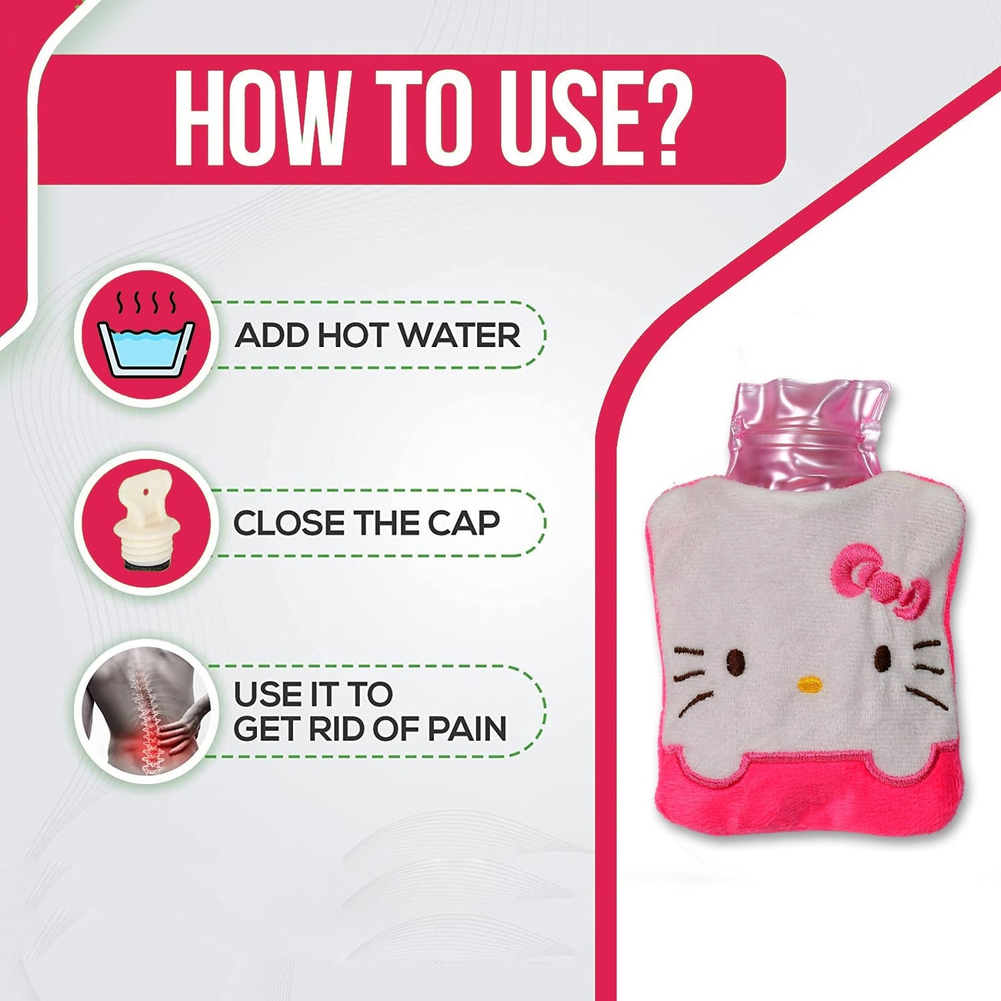 Hands warming comfortably with the small pink hot water bag.
