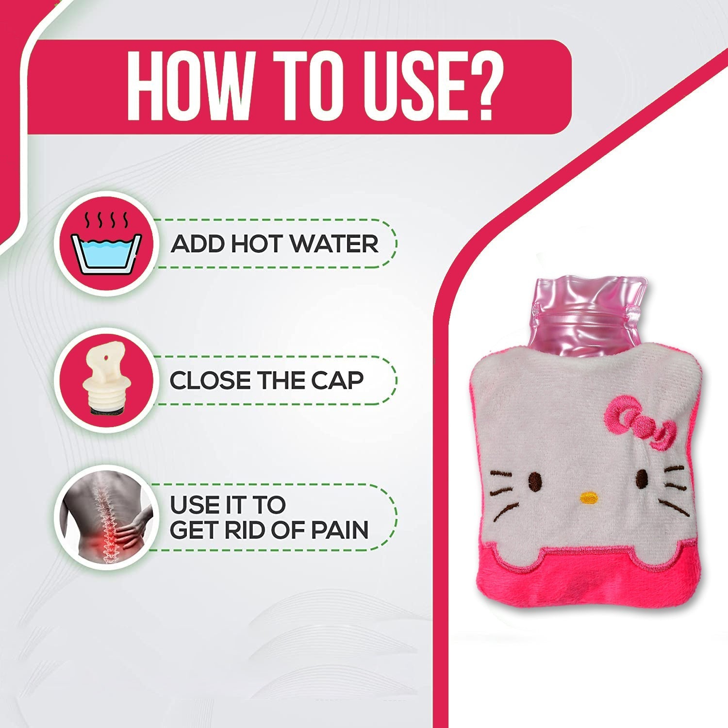 Hands warming comfortably with the small pink hot water bag.