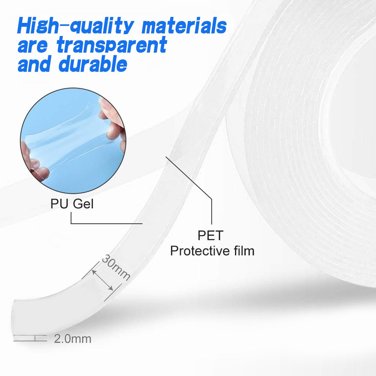 Demonstration of double-sided washable nano adhesive tape's reusability after rinsing.