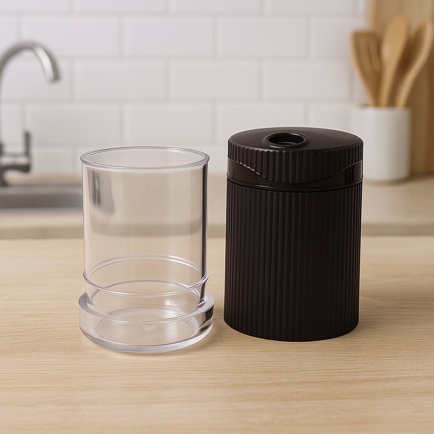 Salt and pepper shakers with textured ribbed grip for non-slip handling
