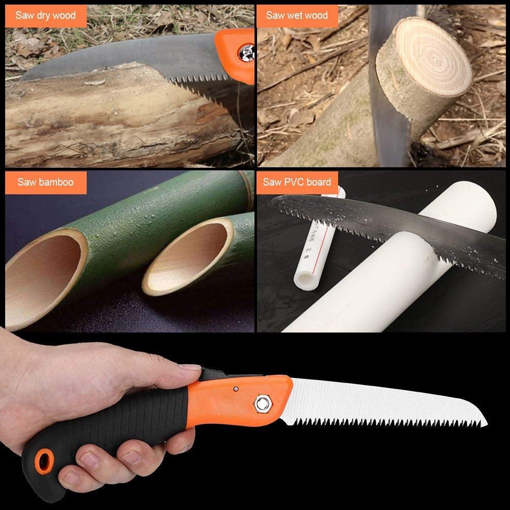 Folding saw blade extended, ready for efficient wood cutting.