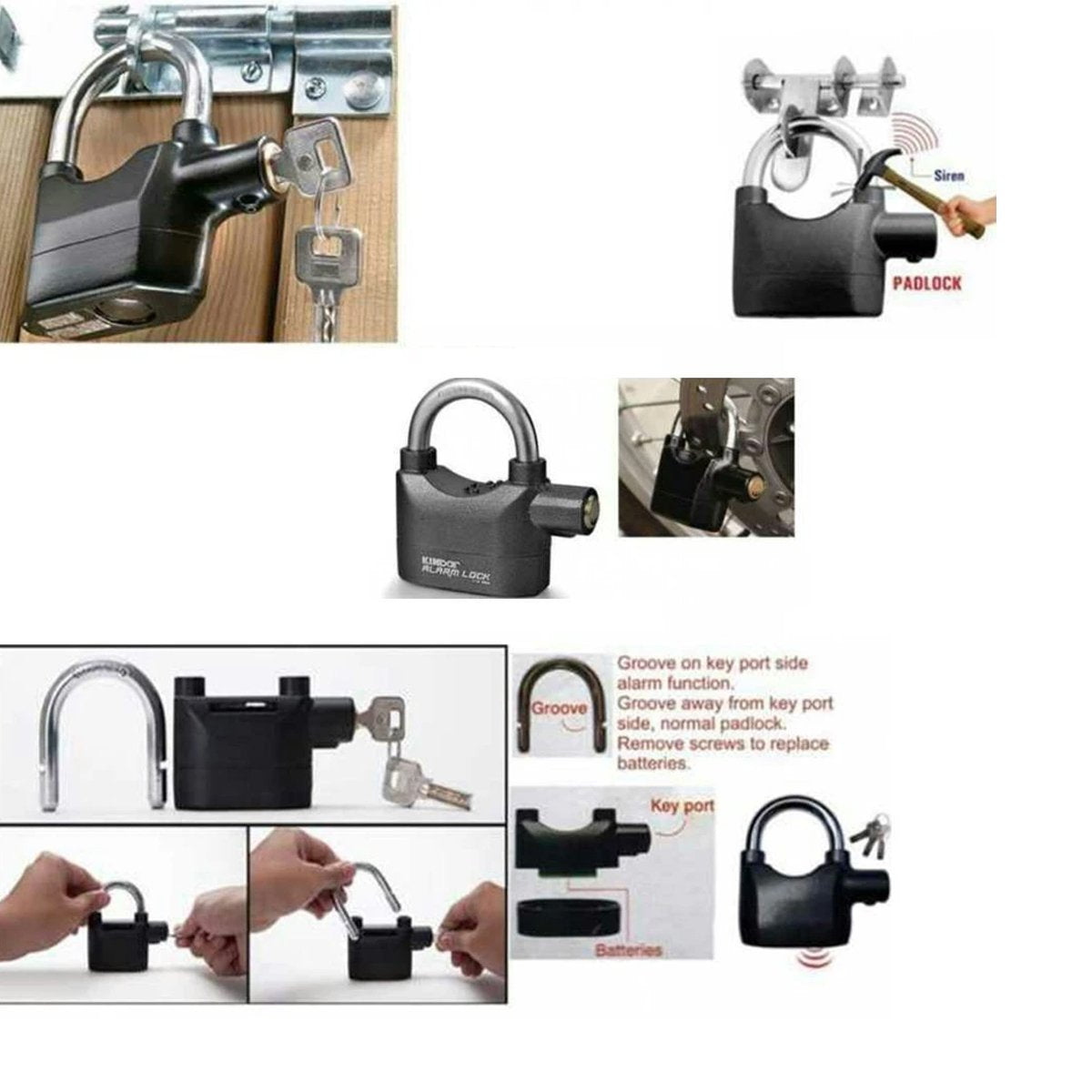 Black anti theft pad lock with high-decibel 110dB alarm activated