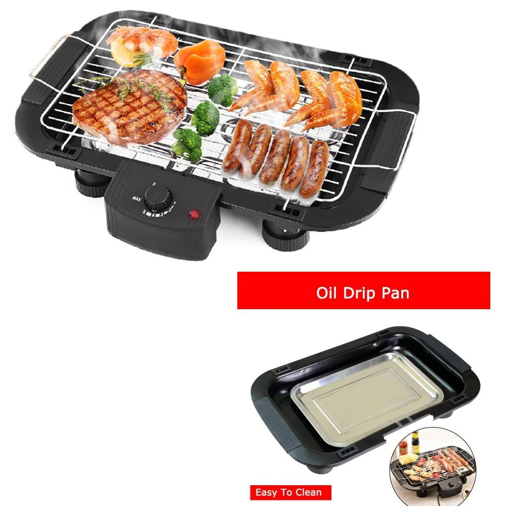Easy-to-clean smokeless barbecue grill with adjustable height.