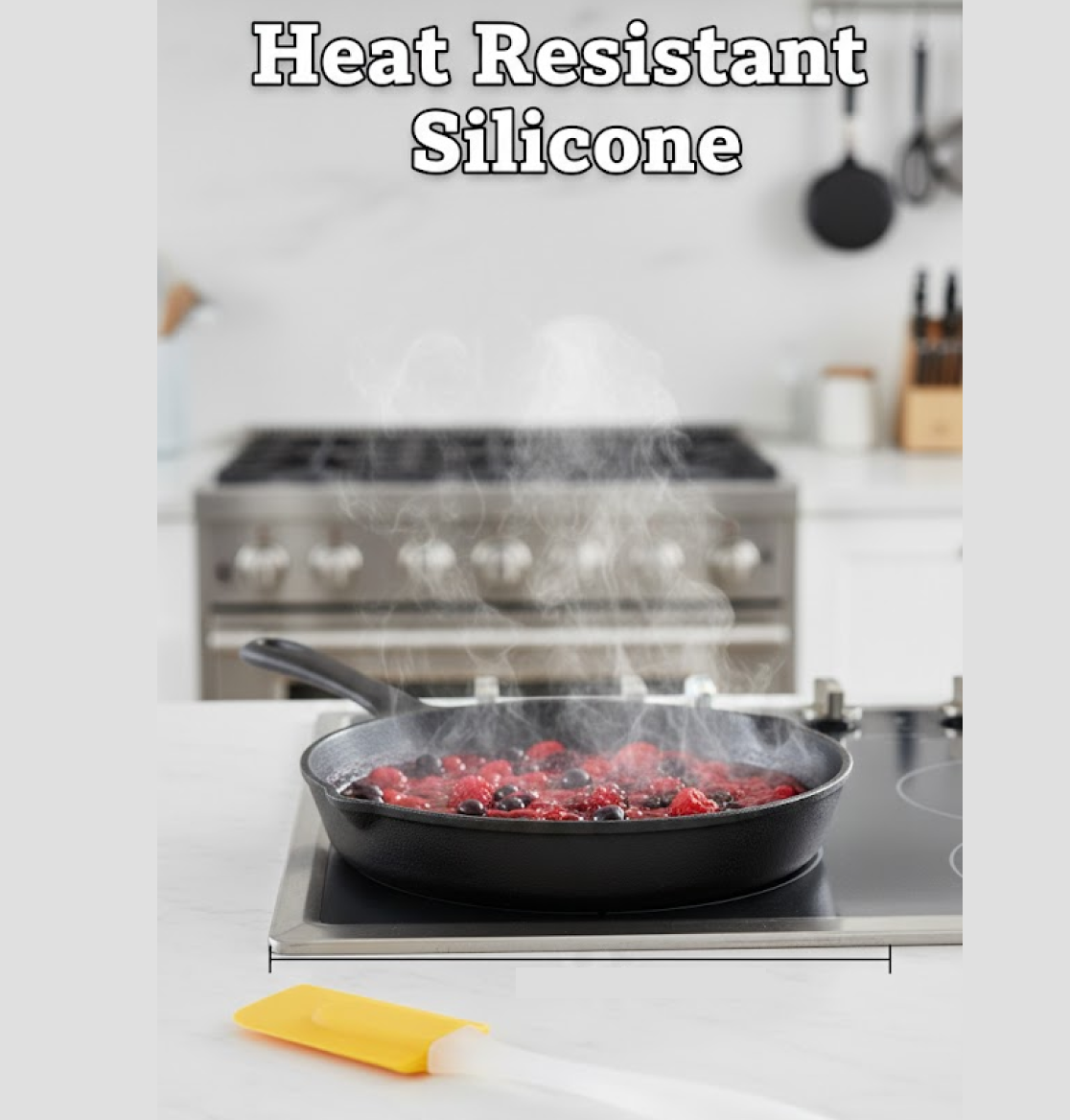 Silicone cooking spatula placed next to baking ingredients