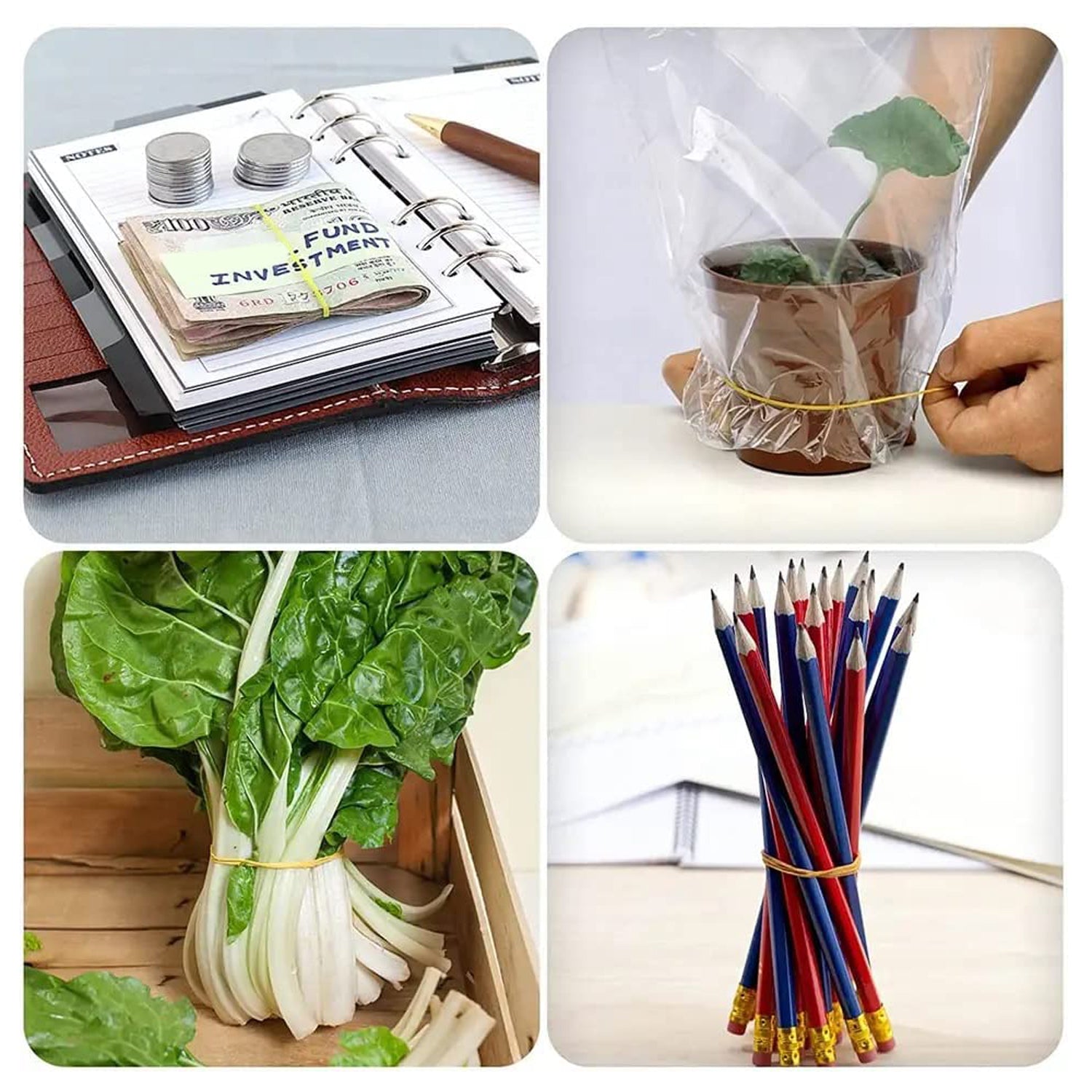 VoltDesk rubber bands demonstrating various uses for home and office organization.