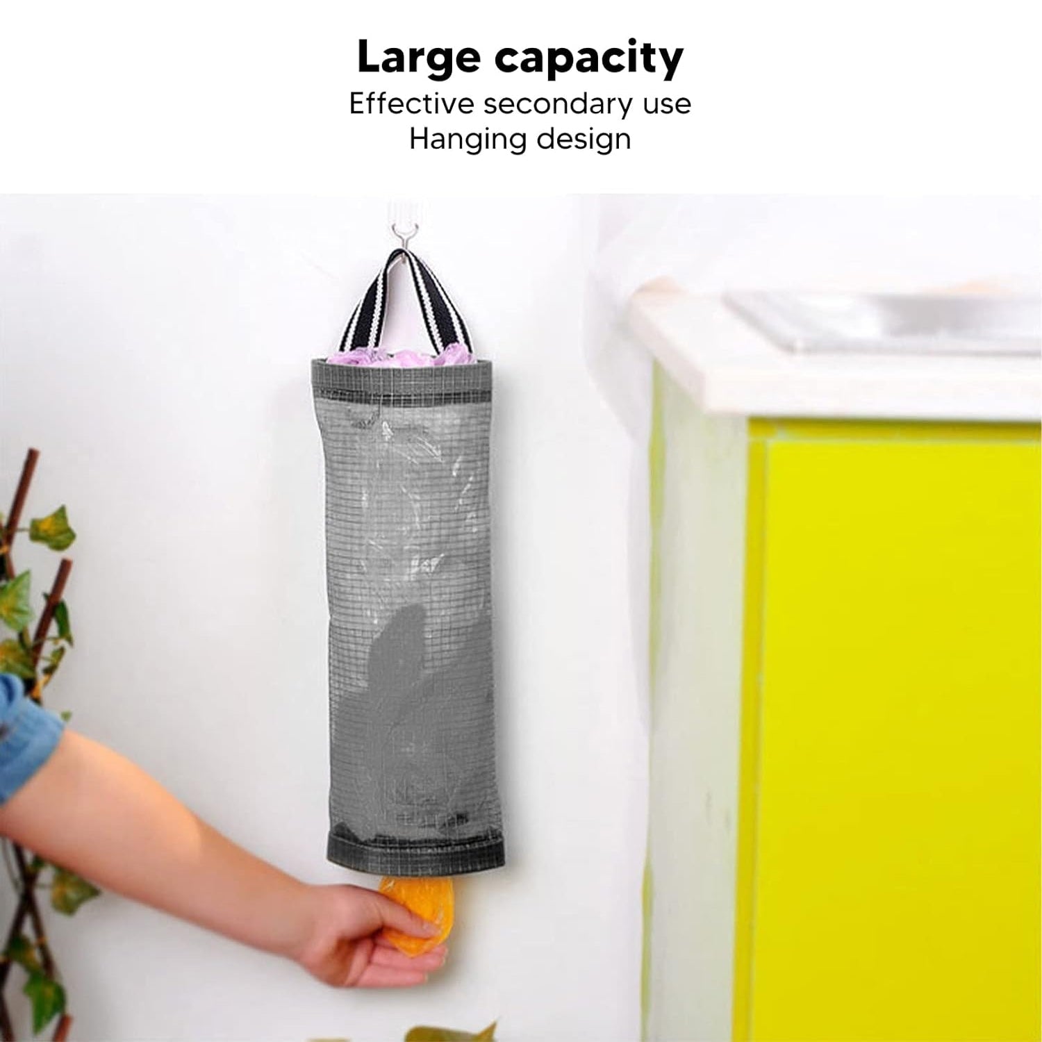 Detailed side view of the hanging waste bag organizer, emphasizing its sturdy construction.