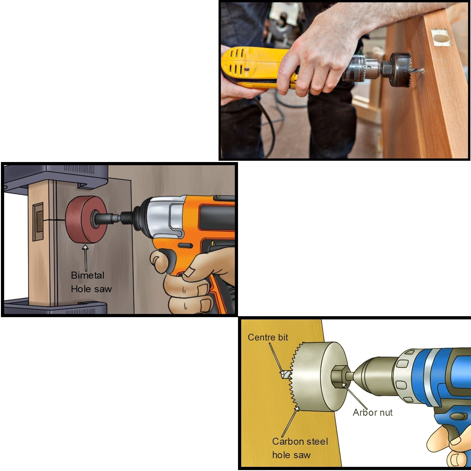 Assortment of hole saw bits from the 12-piece kit, ideal for different diameters.