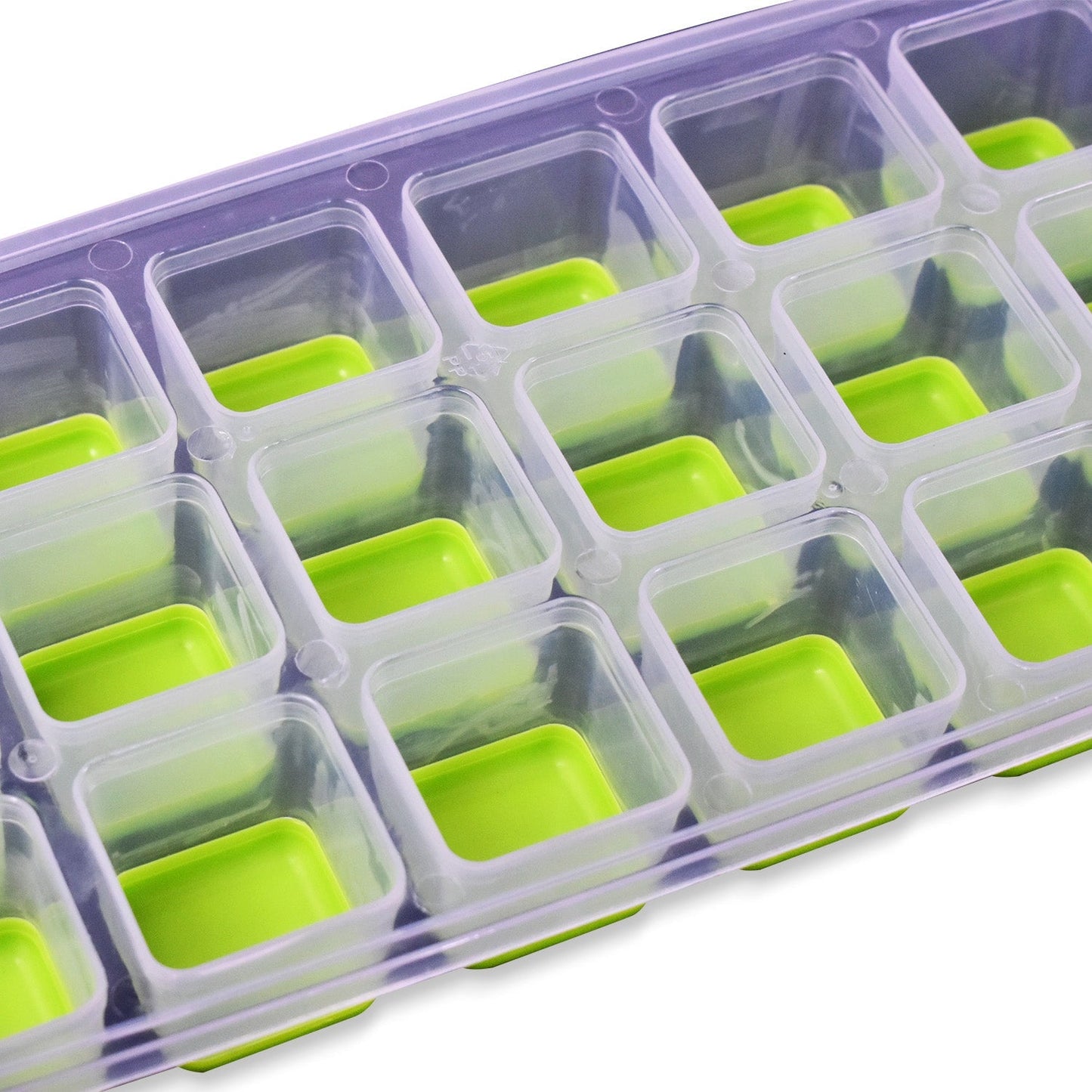 The silicone ice cube tray filled with perfectly formed ice cubes, ready for drinks.
