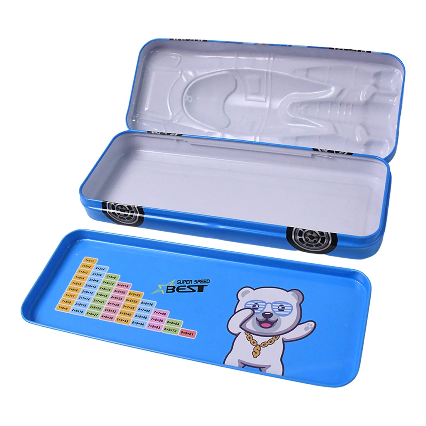 Collection of colorful car shape compass boxes, ideal for school supplies.