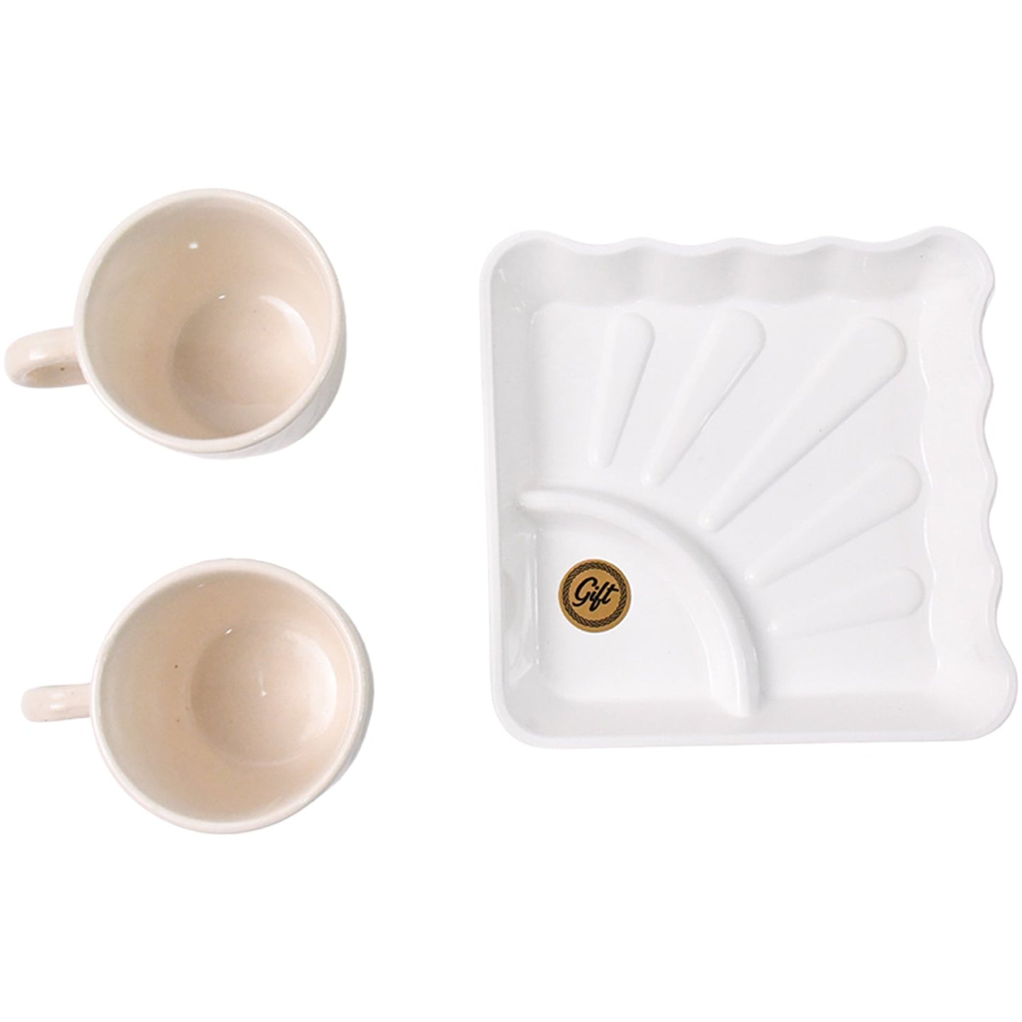 Modern ceramic tea cup set with durable plastic serving platter included