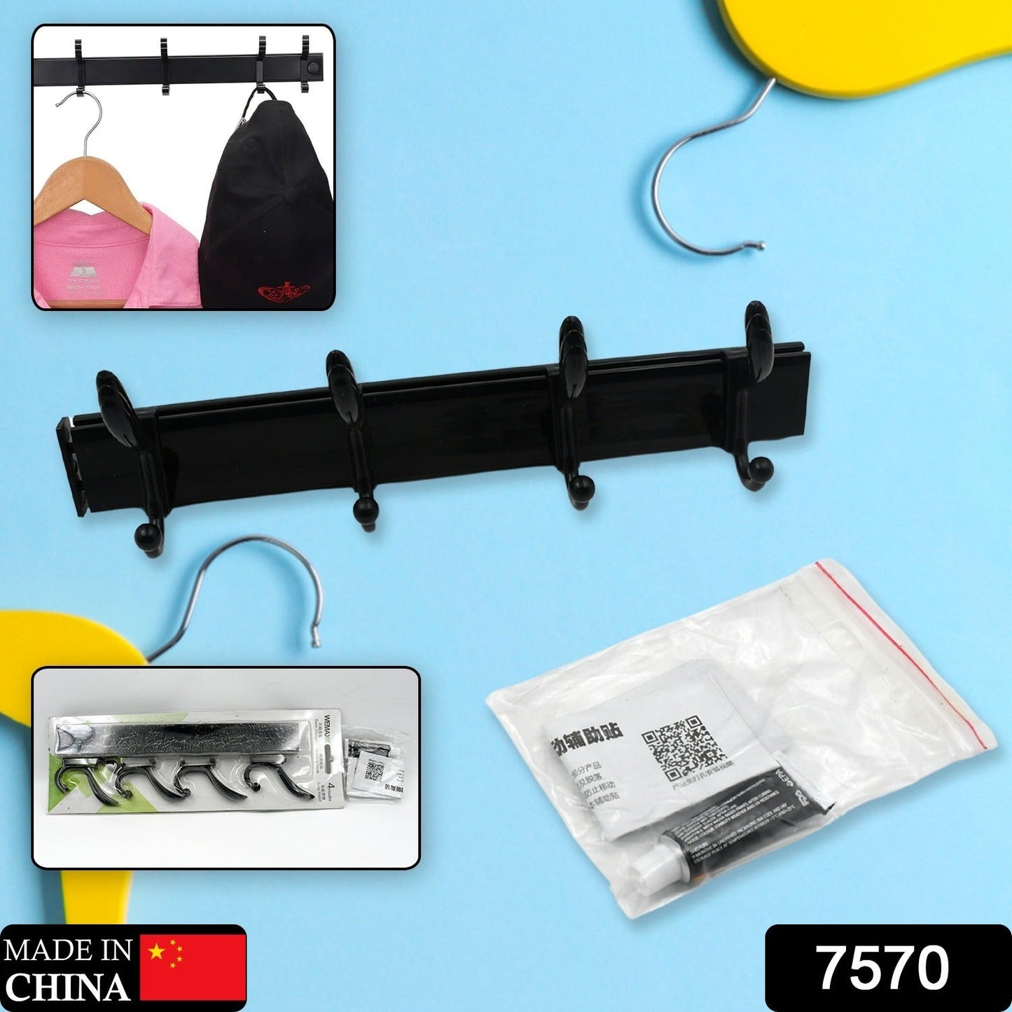 Close-up view of the durable metal hooks on the wooden wall mount coat hanger.
