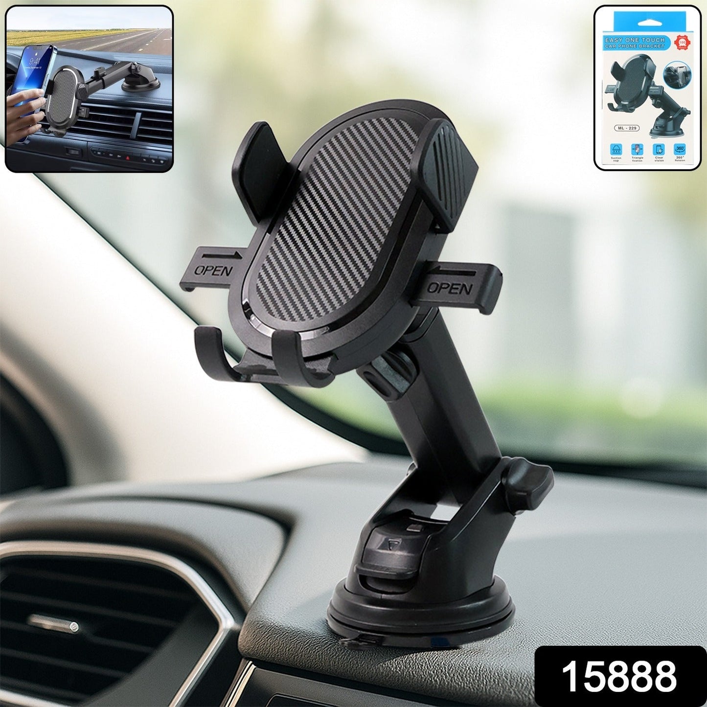 Car mobile holder with one-touch lock and suction mount on dashboard