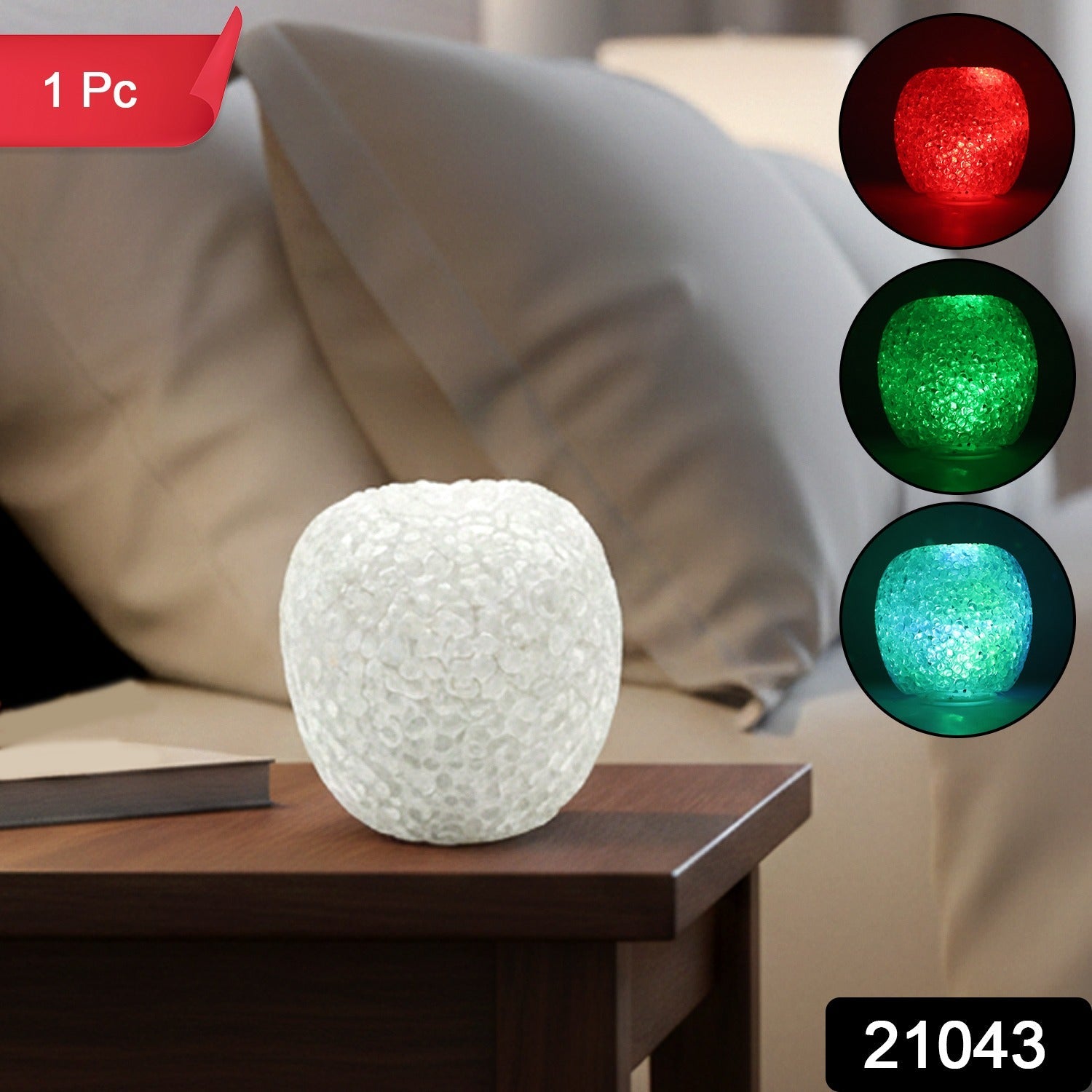 Close-up of LED night lamp showing colour-changing glow effect