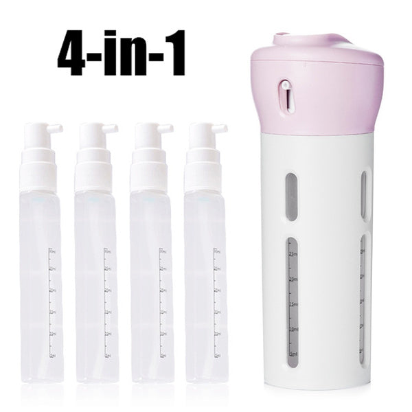 The travel dispenser bottle set disassembled for cleaning and refilling.