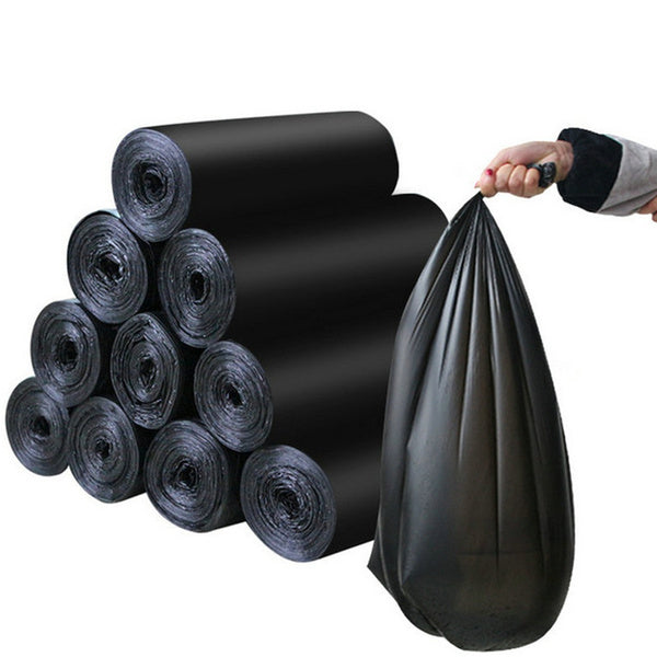 Roll of large black garbage bags, 30 x 50 inch, convenient for storage.