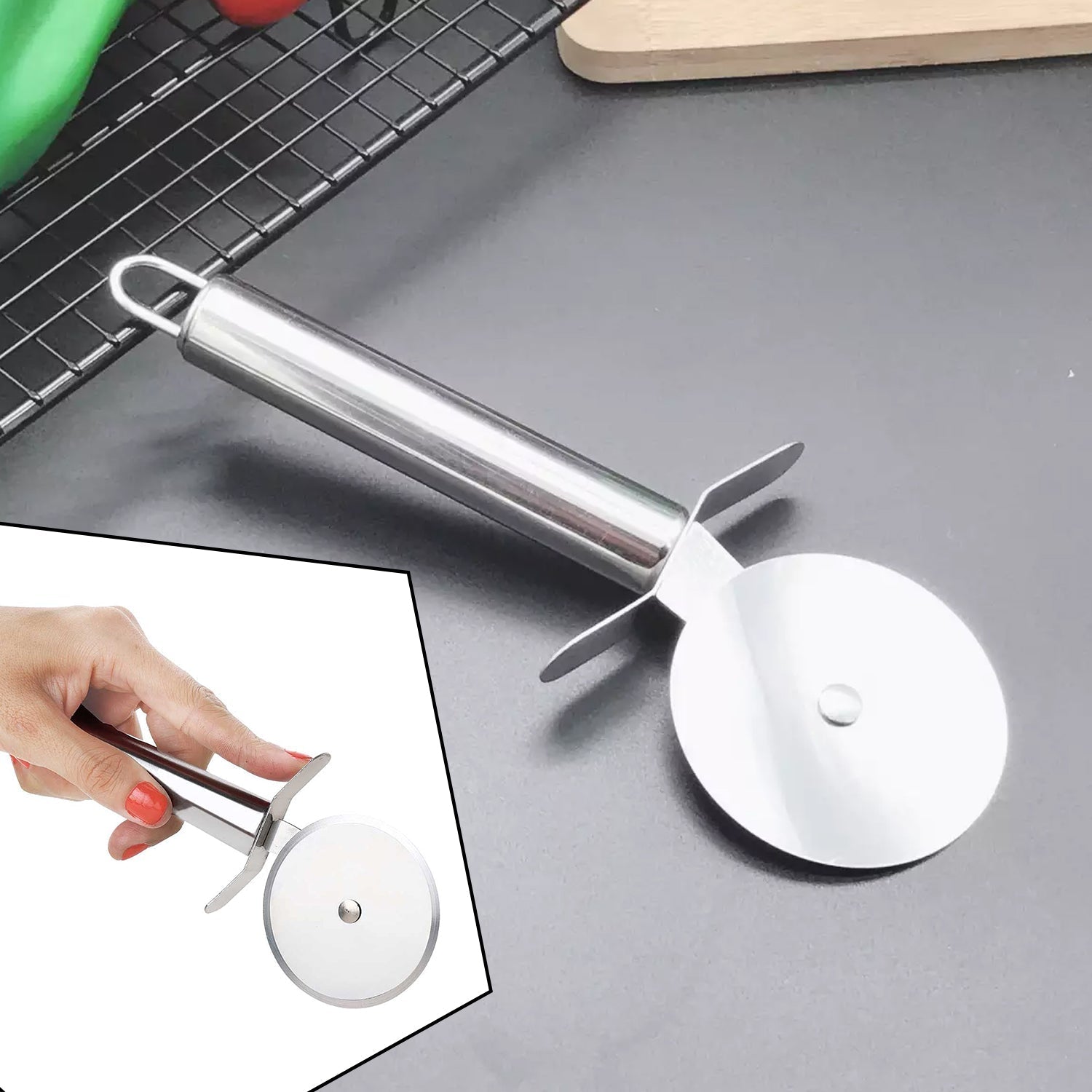Stainless steel pizza cutter with an ergonomic handle for easy slicing.