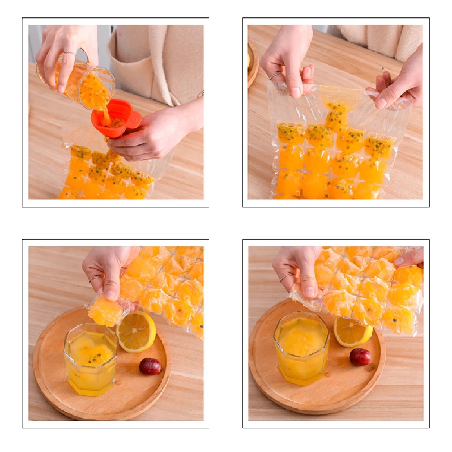 Fresh ice cubes from a disposable ice bag chilling a drink in a glass.
