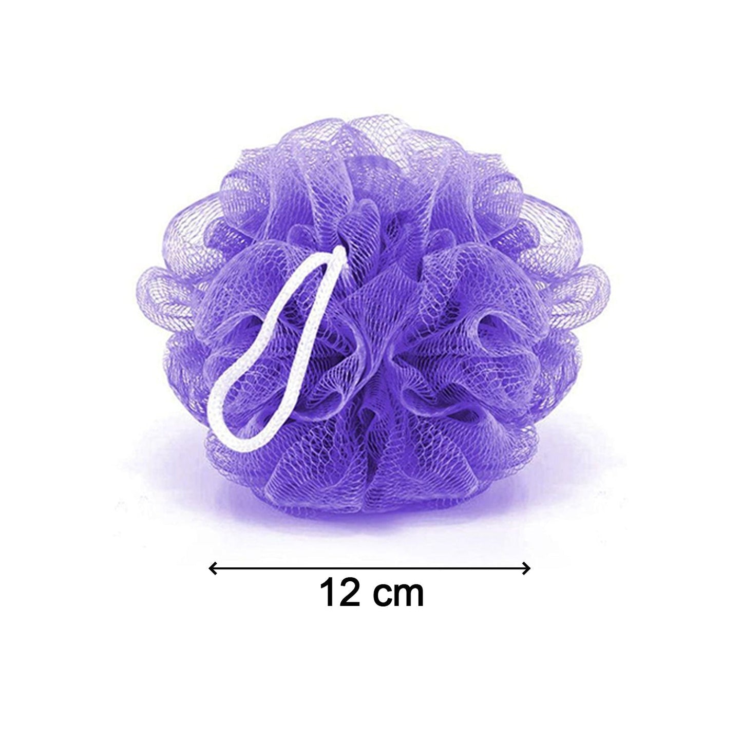 Six vibrant bath loofah poufs displayed together.