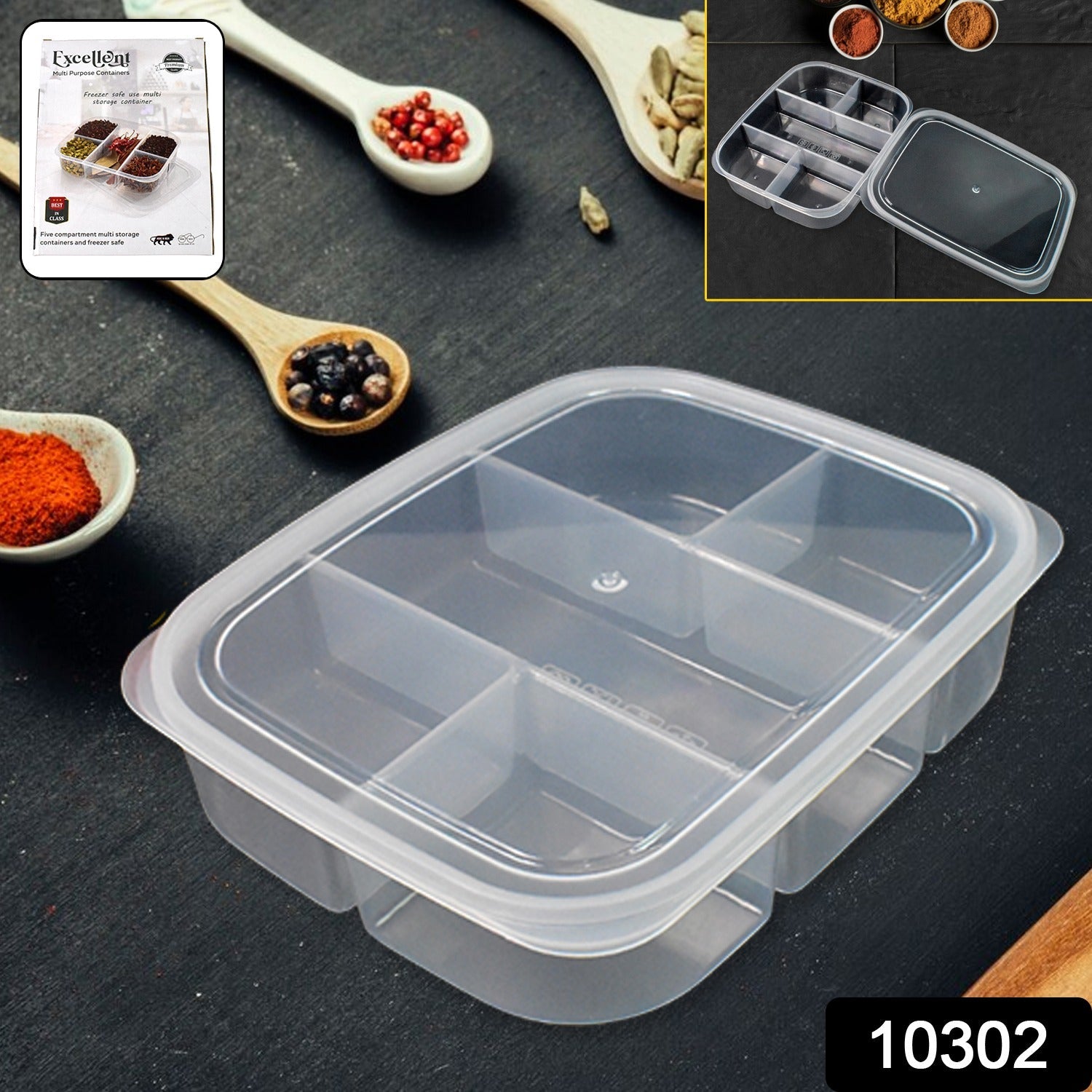 A blue 5-compartment reusable lunch box from Lunchie Bunchie, ready for daily meals.