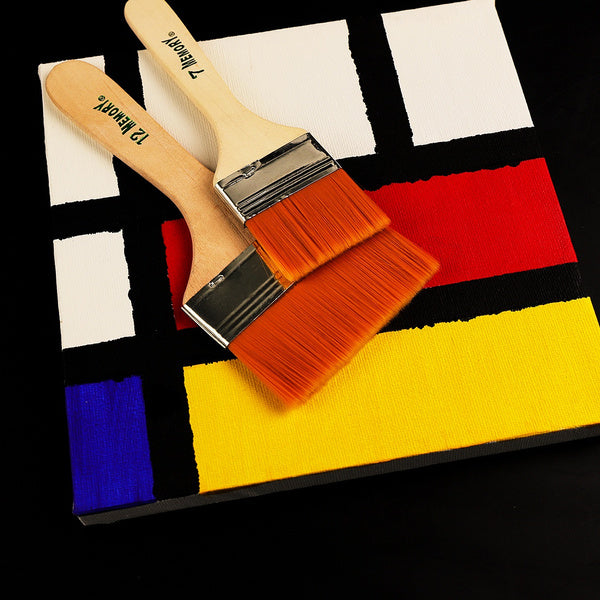 Close-up of the fine synthetic bristles on a flat paint brush, ideal for smooth acrylic painting.